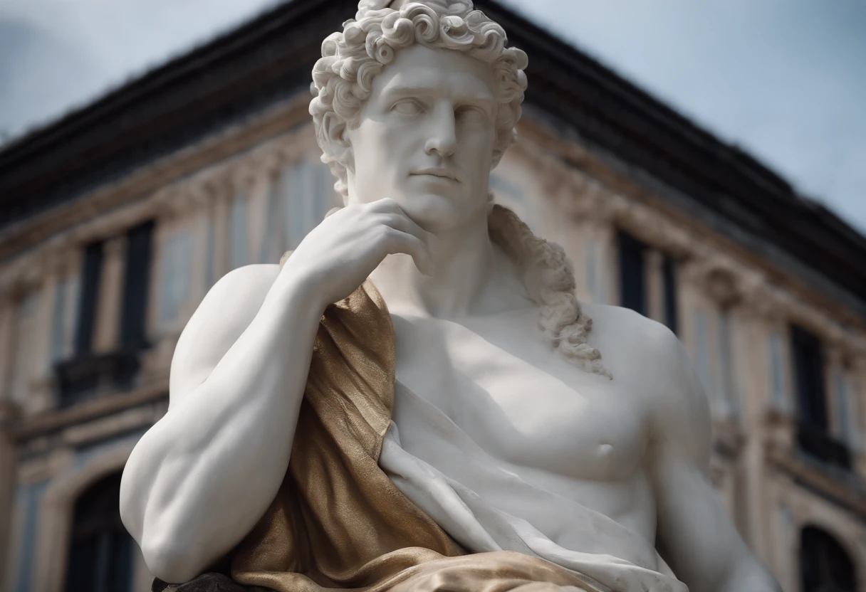 Estatua grega, estatua branca, estatua pensante, meio corpo, estatua masculina, estatua vestida de branco, fundo branco, Statue with hand on chin