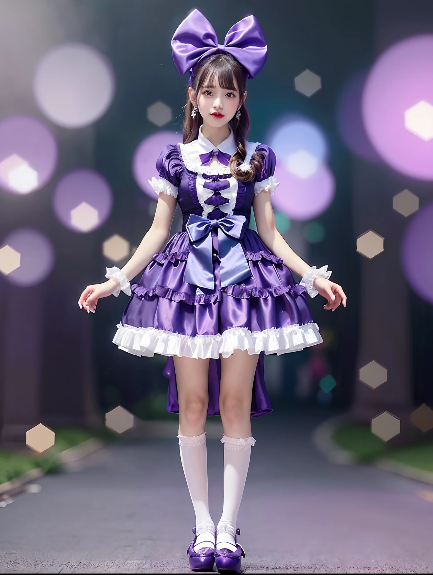 Arafe girl in purple satin dress and bow tie, rococo ruffles dress, angelic pretty, frilly outfit, rococo dress, high quality costume, Lolita style, style of magical girl, Lolita Fashion, fantasy outfit, Belle Delphine, fantasy dress, Purple Accent Costume, Light purple, Ice Purple Dress, maid dress, loli in dress