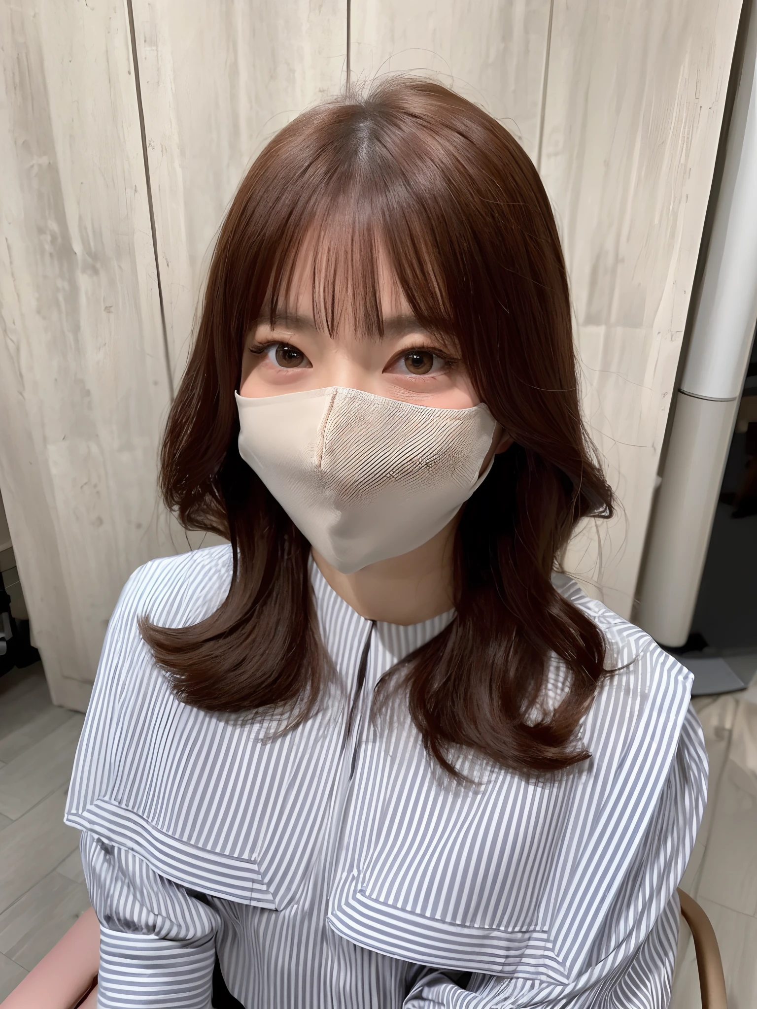 (Best quality, 8k, 32k, Masterpiece, UHD:1.2),Photo of Pretty japanese woman, 1girl, (medium-short dark brown hair), double eyelid, thin beige suit jacket, white tank top, brown skirt, necklace with small charm, sitting on office chair aiuehara