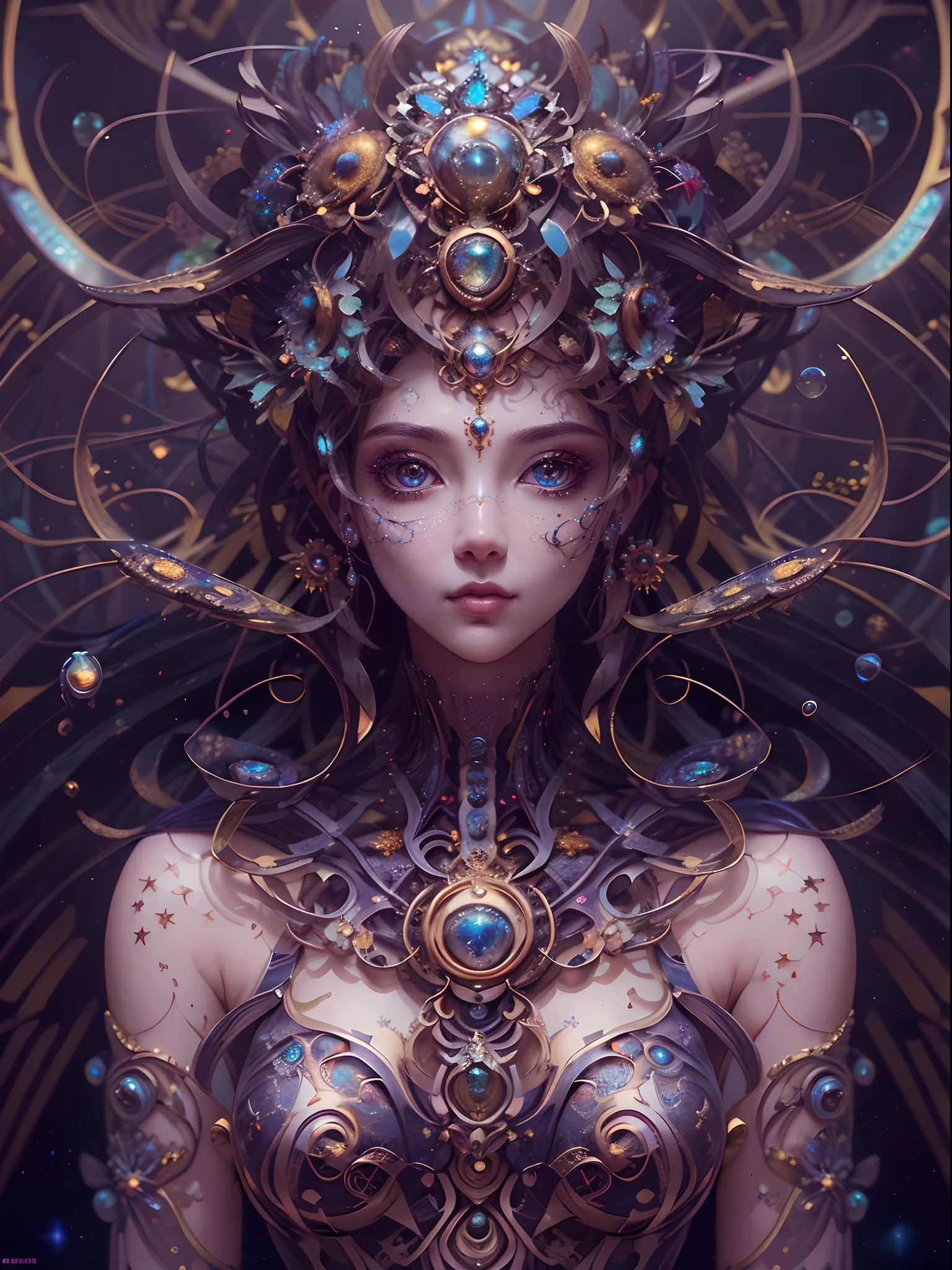 (best qualtiy,ultra - detailed,Most Best Illustration,Best shadow,tmasterpiece,A high resolution,professionalartwork,famousartwork),Detailed eyes,beautidful eyes,closeup cleavage,up body, sci-fy,colored sclera,Robot eyes,face markings,Tattooed with,(fractalized,Fractal eyes),largeeyes,Wide eyes,(Eye focus),sface focus,Cosmic eyes,Space eyes,Close-up of metal sculpture of a woman with a nebula in her hair,goddes。extremly high detail,3 d goddess portrait,Extremely detailed footage of the goddess,a stunning portrait of a goddess,Side image of the goddess,portrait of a beautiful goddess,Full body close-up portrait of the goddess,hecate goddess,portrait of a norse nebula goddess,goddess of space and time, center potrait
