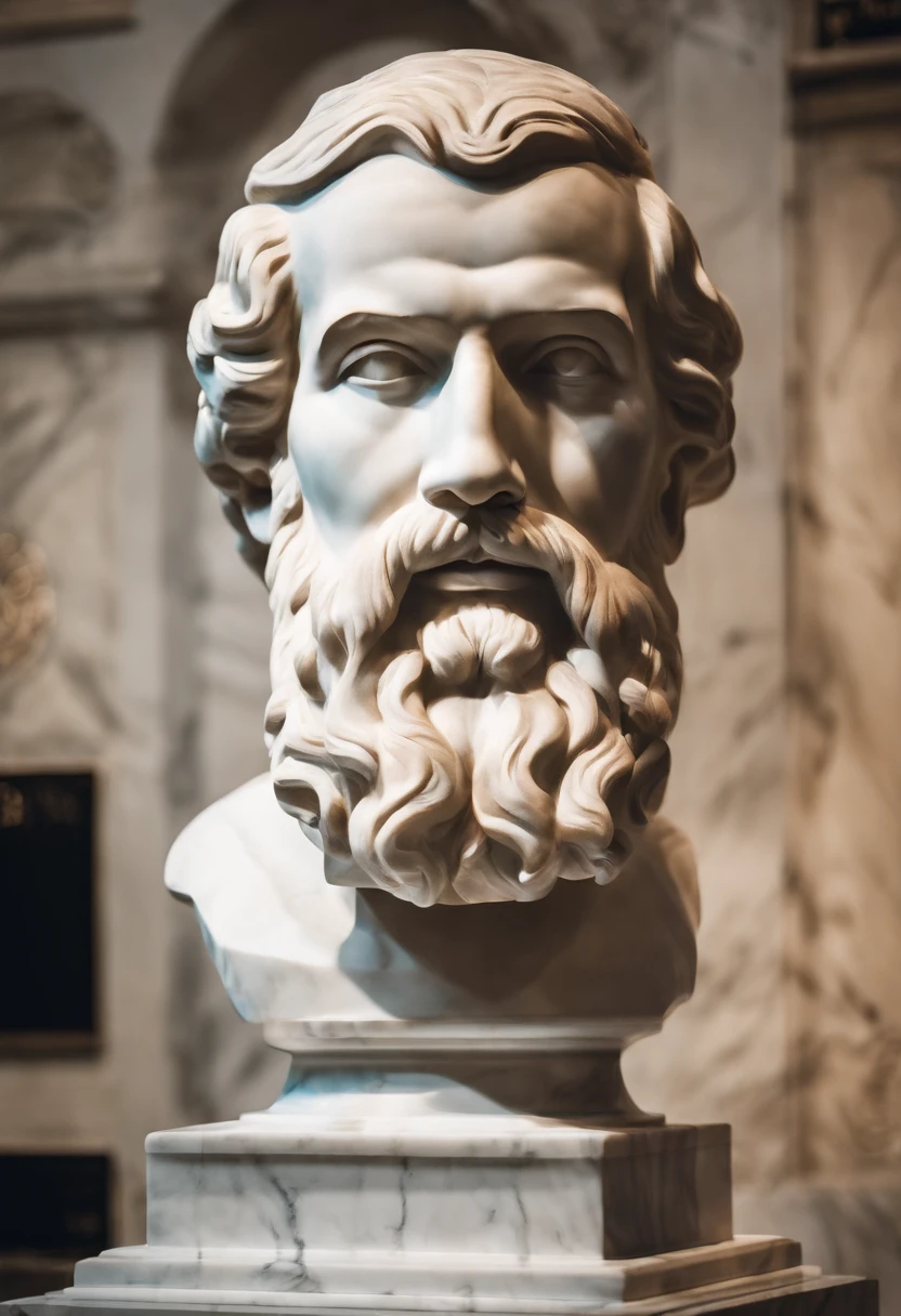White marble bust statue of the wise philosopher Epictetus with the style of the bearded Greek philosopher in the museum. atmosfera escura, alto contraste de luz e sombra, fotografia profissional, utrarealista, light volumetric, cinemactic