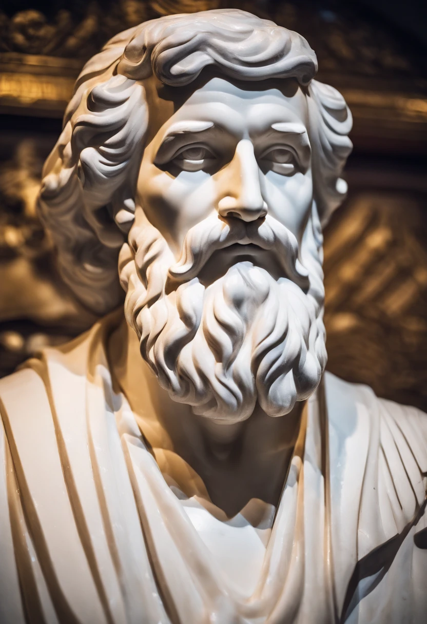 White marble bust statue of the wise philosopher Epictetus with the style of the bearded Greek philosopher in the museum. atmosfera escura, alto contraste de luz e sombra, fotografia profissional, utrarealista, light volumetric, cinemactic