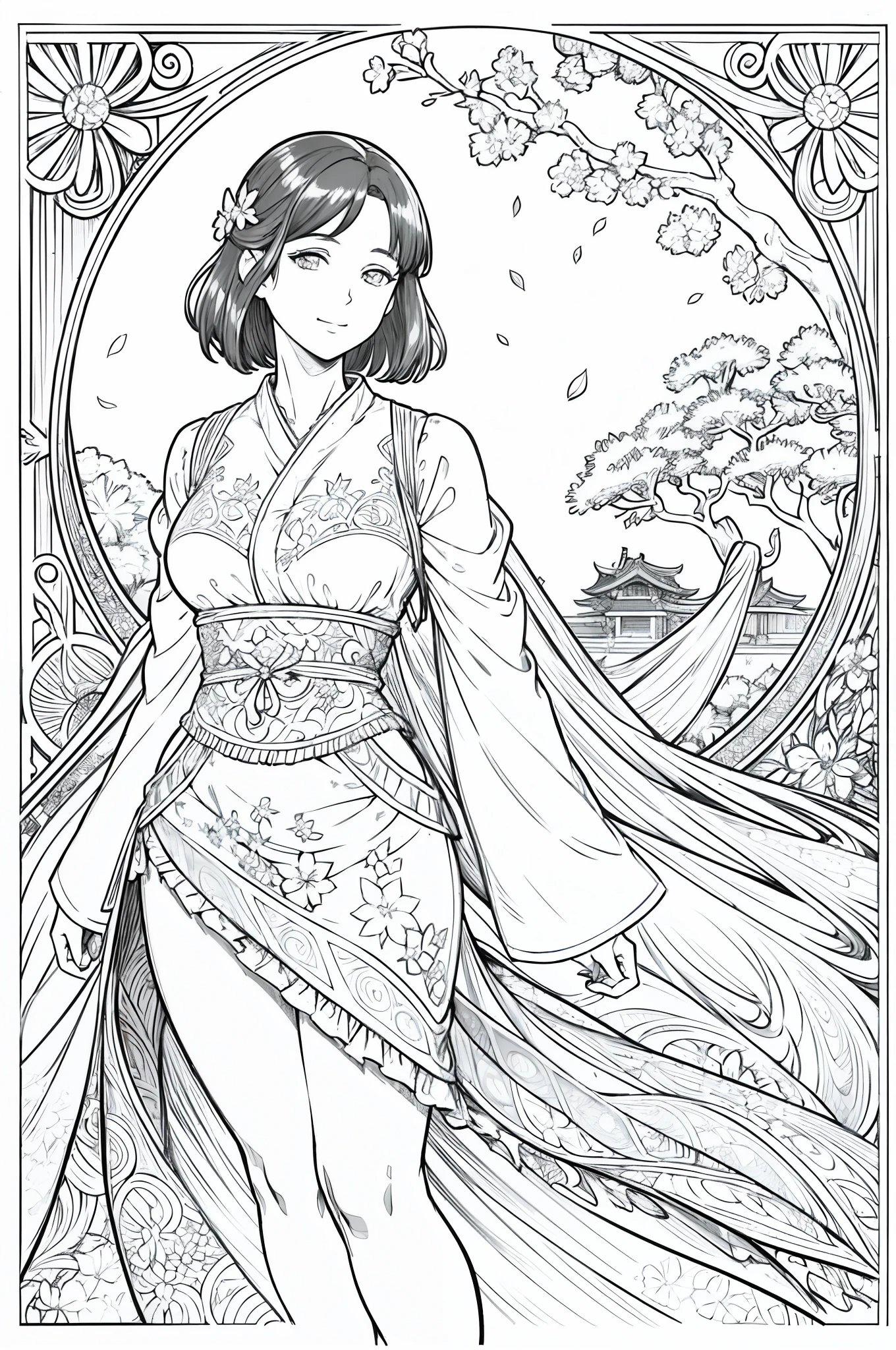 Masterpiece, very beautiful french brunette woman, 45 years old, perfect body, wearing a lace shirt , with lace extremely detailed, wearing a jeans, posing for photo, smiling seductively, excited, short hair, fringe hair, round face, big eyes, glitter eyes, slight curvy details, Perfect small Round titts, without bra, in a Japanese park, at night, cherry blossoms, on the side from a tree, spring day, falling flowers, moonlight, volumetric light, fog, moonbeams, decorative panel, abstract Art by Alphonse Mucha, sketch, character lines and scenes without colors and shadows. (Masterpiece, Best Quality, Highres:1.4), Detailed, Intricate Details, 4K, color splashes, line art, fibonacci,