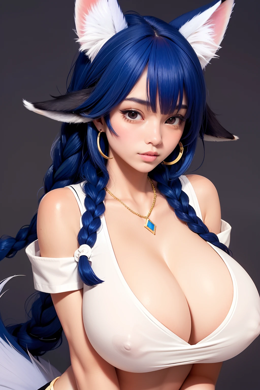 Masterpiece, Best Quality, High Resolution, (White Background: 1.4), [Glitter], [Looking at the Viewer, Portrait, weet Chinese Girl], (Long Hair, Blue Hair, half , lesbian, nipple print, huge boobs, Wavy Curls, Short top, realistic, half , boobs, big boobs, Multicolored Twisted Big Braid 1.3, Furry Fox Ears, Air Bangs), White Off-the-Shoulder Short Sleeves, Delicate Facial Features, Pink Lips, Earrings, Necklace