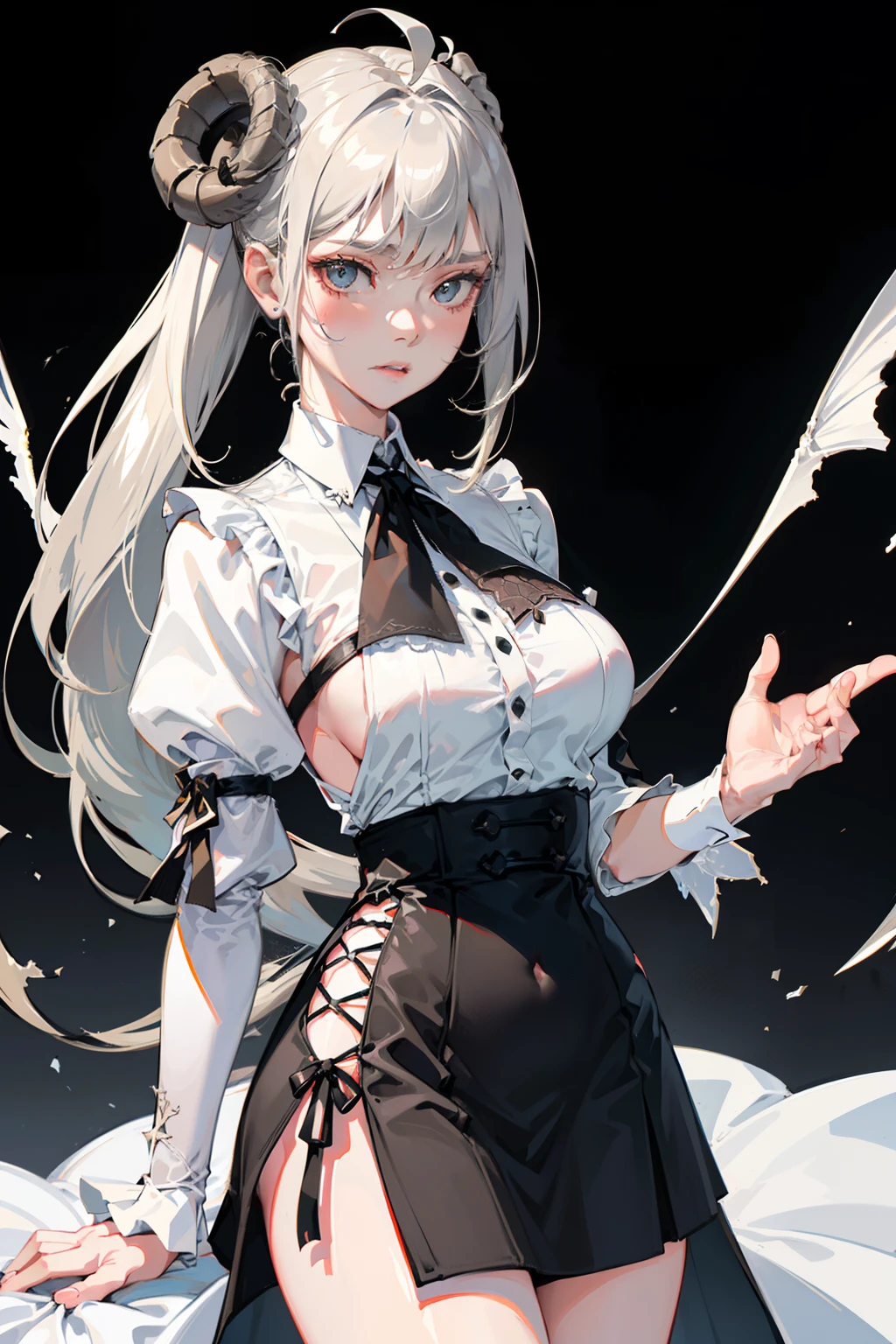 ((masterpiece, best quality)), (1girl), (solo), (female focus), (ahoge, ash blonde hair, long hair), green eyes, ((white shirt), (buttoned shirt)), ((black skirt), (short skirt)), standing, white background, arms behind back, (bat wings on the waist), (sheep horns), sad eyes, cold facial expression, cold look, pale skin, colour grading, dark illustration, extreme quality, radiant, extremely detailed, ultra-detailed face, ultra hd 8k, ultra digitality, mythical, dark lightning, sleepy eyes, detailed hands, fine details, ash blonde haired deity, grey-haired, girl with ash blonde hair, nier:automata inspired, nier : automata inspired, girls frontline cg, grey haired, ash blonde hair girl, perfect grey haired girl