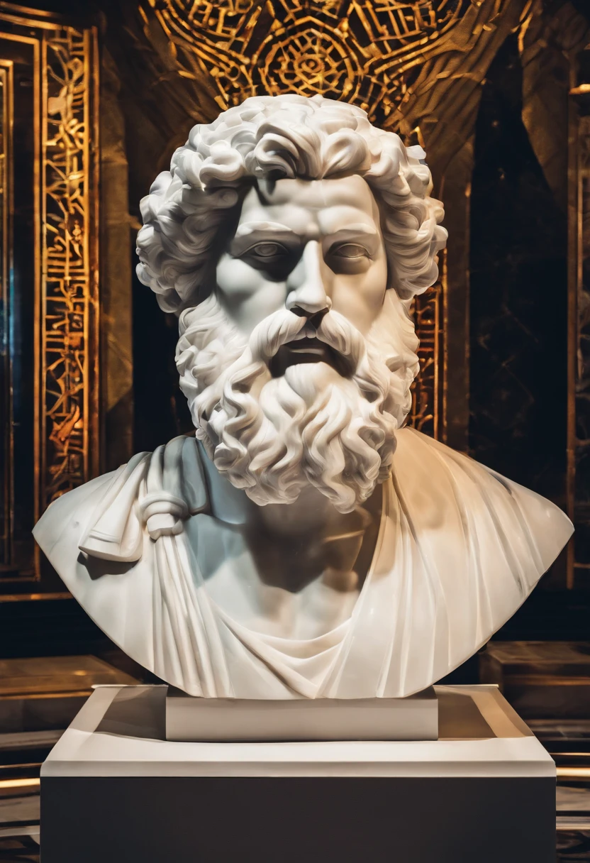 White marble statue of the bust of the wise man with the style of the bearded Greek philosopher in the museum. atmosfera escura, alto contraste de luz e sombra, fotografia profissional, utrarealista, light volumetric, cinemactic