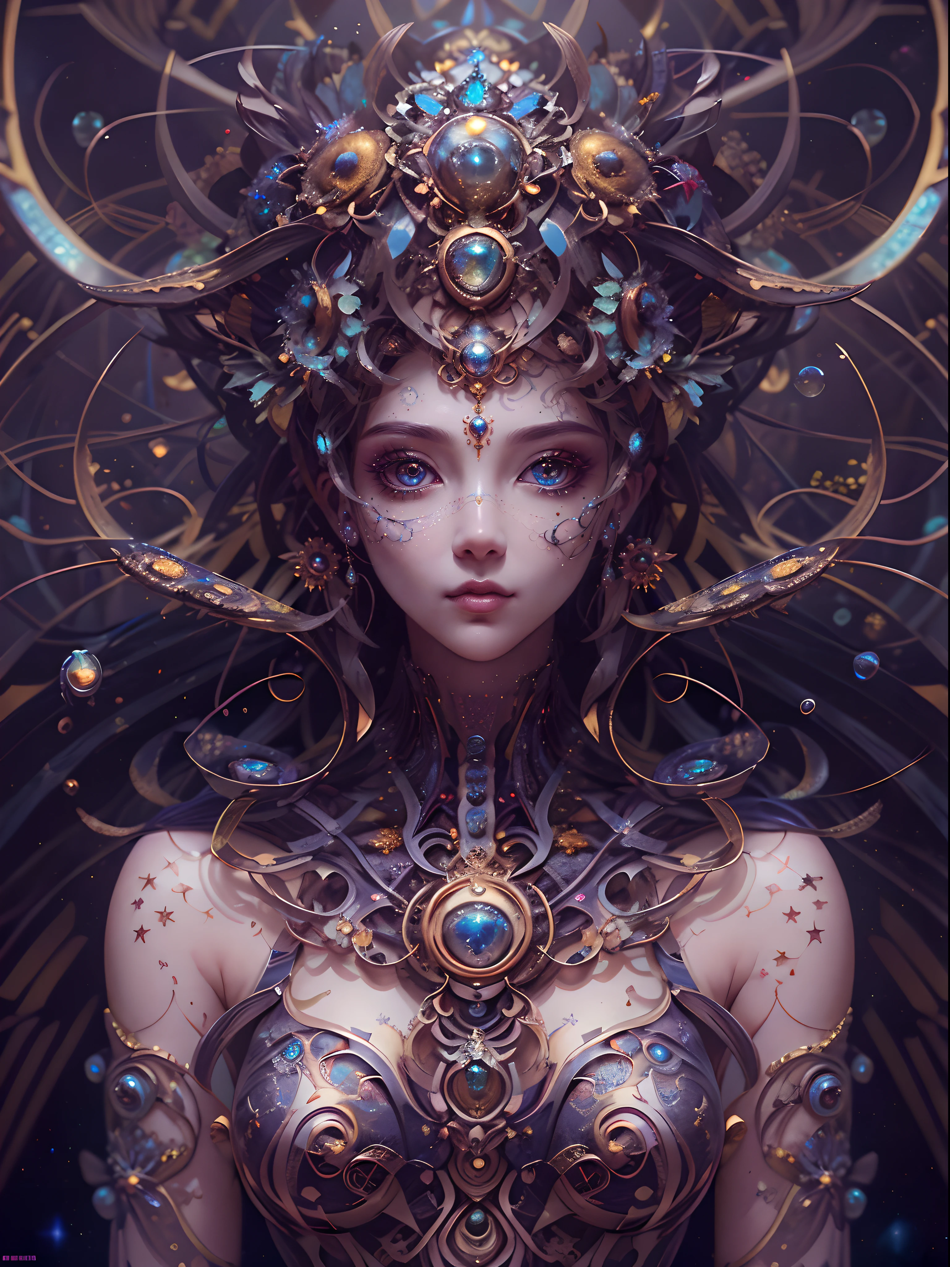 (best qualtiy,ultra - detailed,Most Best Illustration,Best shadow,tmasterpiece,A high resolution,professionalartwork,famousartwork),Detailed eyes,beautidful eyes,closeup cleavage,up body, sci-fy,colored sclera,Robot eyes,face markings,Tattooed with,(fractalized,Fractal eyes),largeeyes,Wide eyes,(Eye focus),sface focus,Cosmic eyes,Space eyes,Close-up of metal sculpture of a woman with a nebula in her hair,goddes。extremly high detail,3 d goddess portrait,Extremely detailed footage of the goddess,a stunning portrait of a goddess,Side image of the goddess,portrait of a beautiful goddess,Full body close-up portrait of the goddess,hecate goddess,portrait of a norse nebula goddess,goddess of space and time, center potrait