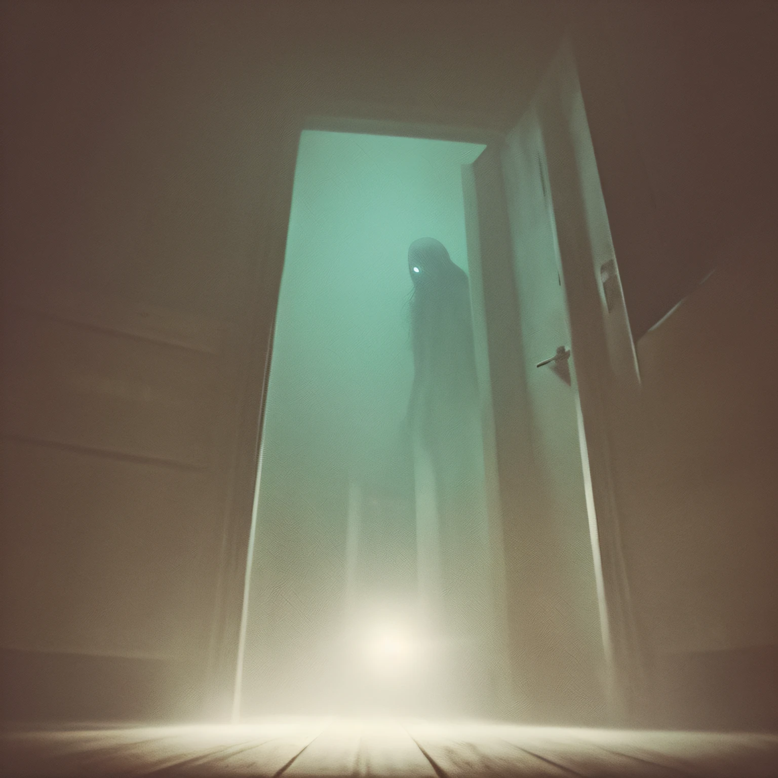 creepyghost monster inside a liminal space of nightmares in a dark warehouse, dynamic lighting, photorealistic, trending on art station, stunning visuals, foggy, creative, cinematic, ultra detailed, atmospherical, red lighting, scary art, bad quality, heavy film grain, desaturated, orange teal hue