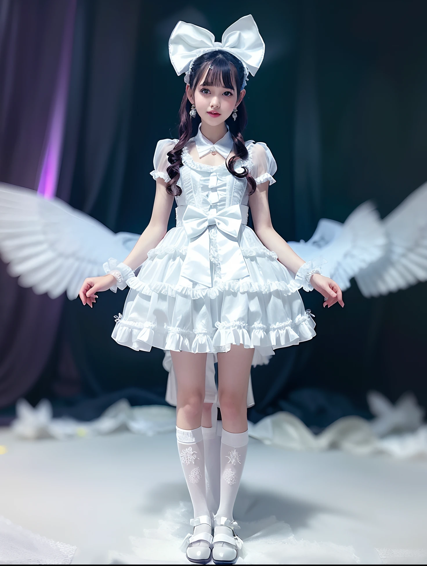 Arafe girl in white satin dress and bow tie, rococo ruffles dress, angelic pretty, frilly outfit, rococo dress, high quality costume, ta style, style of magical girl, Loliashion, fantasy outfit, Belle Delphine, fantasy dress, White accent costume, Ice White Dress, maid dress, loli in s