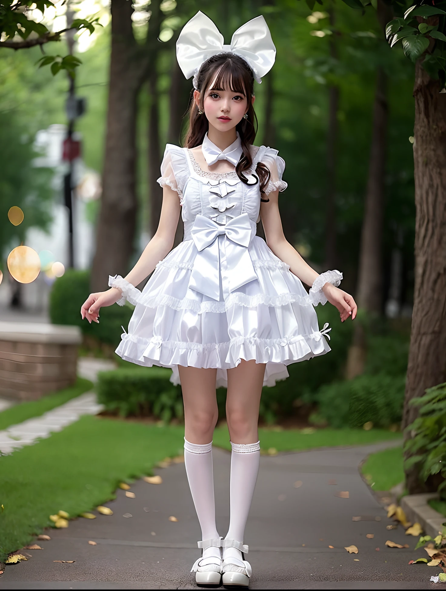 Arafe girl in white satin dress and bow tie, rococo ruffles dress, angelic pretty, frilly outfit, rococo dress, high quality costume, Lolita style, style of magical girl, Lolita Fashion, fantasy outfit, Belle Delphine, fantasy dress, White accent costume, Ice White Dress, maid dress, loli in dress