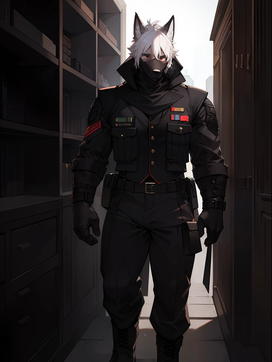 anthropomorphic wolf, 1boy, unknown soldier, soldier's closet, wearing black military uniform ops, tactical vest uniform, red irises, white hair, dark black fur, (furry art:1.2), (strong and tall man:1.4), ultra detailed, high quality, black balaclava, black hood, portrait