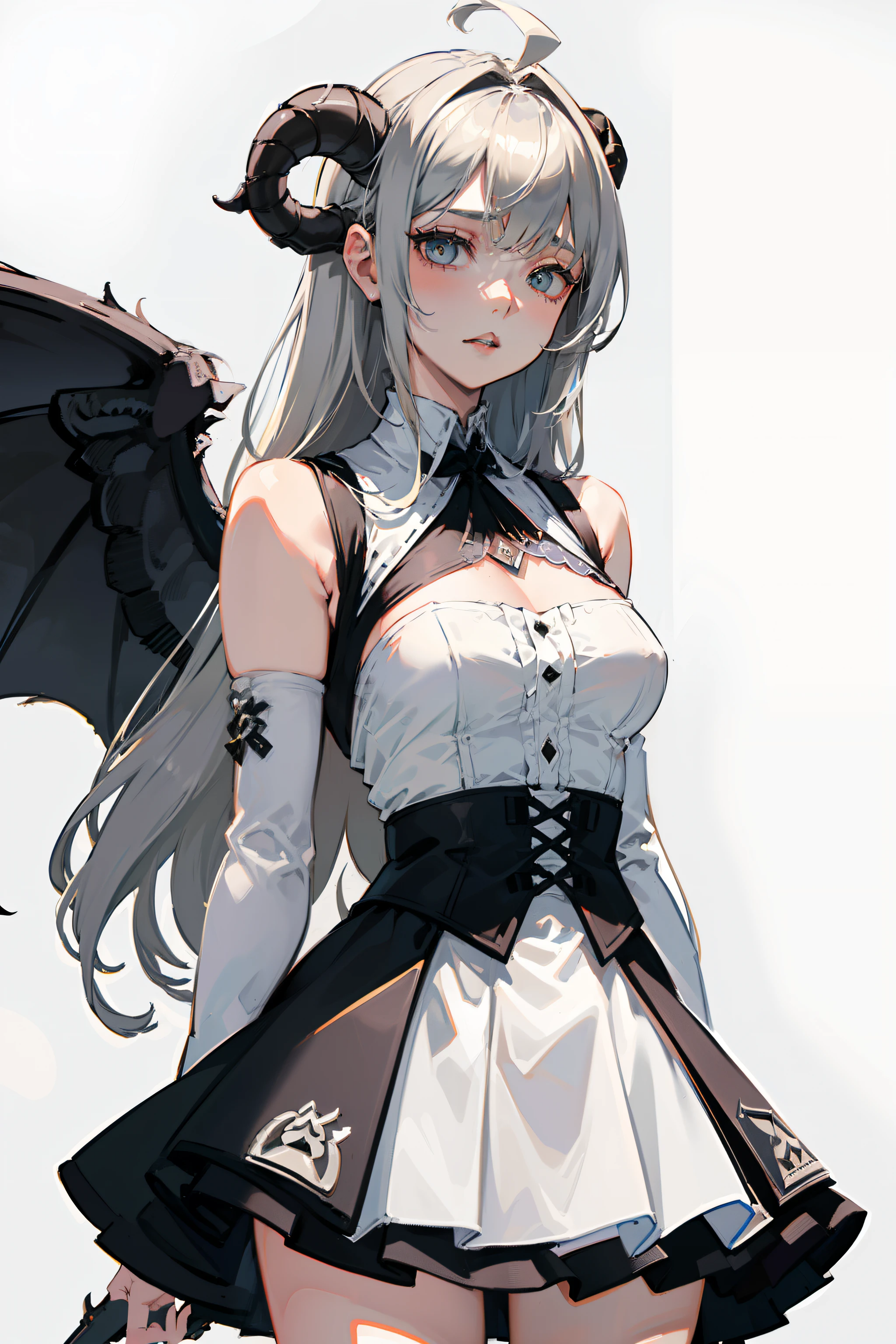 ((masterpiece, best quality)), (1girl), (solo), (female focus), (ahoge, ash blonde hair, long hair), green eyes, ((white shirt), (buttoned shirt)), ((black skirt), (short skirt)), standing, white background, arms behind back, (bat wings on the waist), (sheep horns), sad eyes, cold facial expression, cold look, pale skin, colour grading, dark illustration, extreme quality, radiant, extremely detailed, ultra-detailed face, ultra hd 8k, ultra digitality, mythical, dark lightning, sleepy eyes, detailed hands, fine details, ash blonde haired deity, grey-haired, girl with ash blonde hair, nier:automata inspired, nier : automata inspired, girls frontline cg, grey haired, ash blonde hair girl, perfect grey haired girl