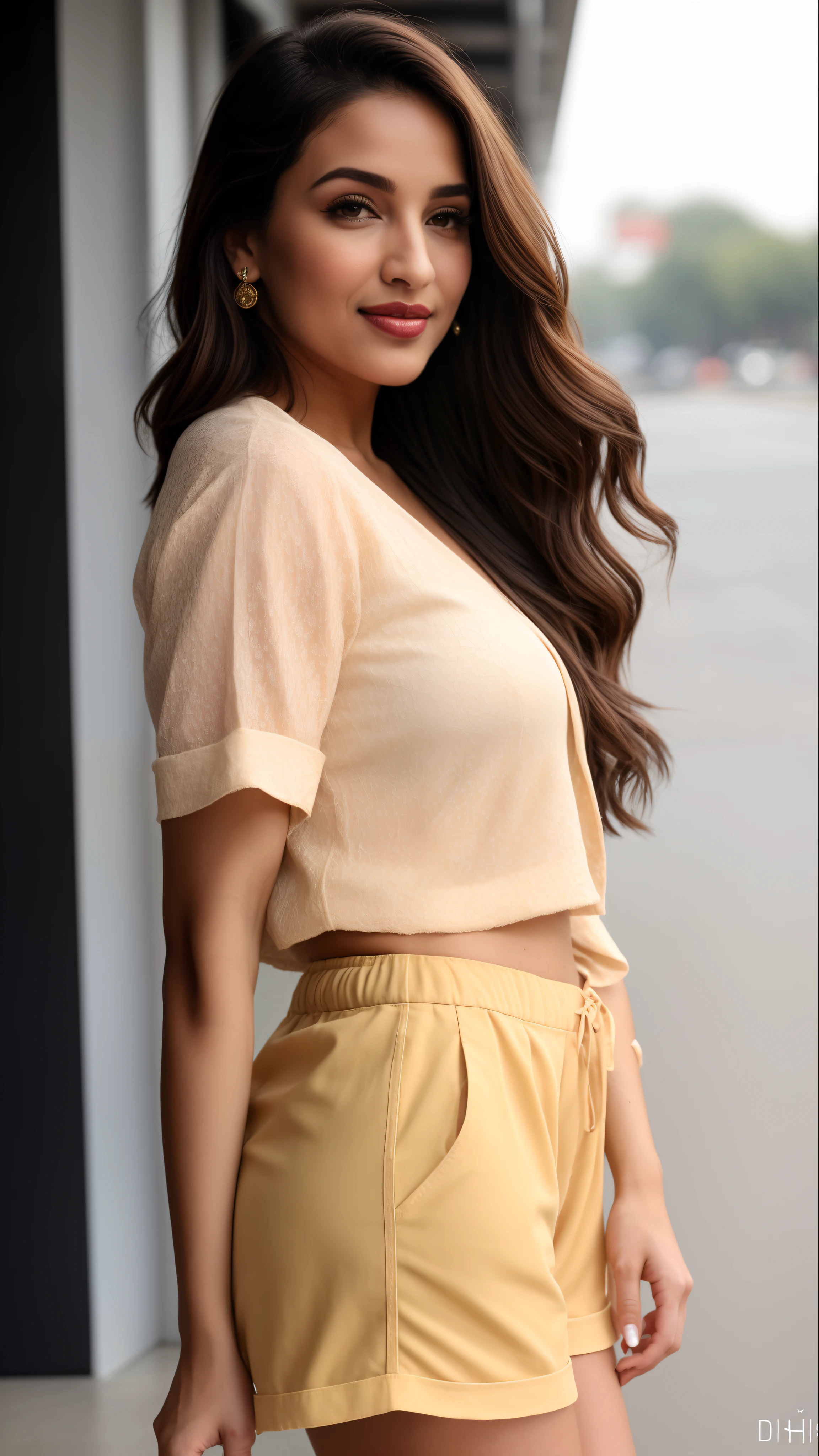 ((RAW, analog style)), face, extremely detailed full body color photo of a 25 y.o girl, beautiful face, beautiful eyes, ((small nose)), big natural lips, ((fabric frock yellow)), small breasts, slim body, outdoor street delhi ((film grain, skin details, high detailed skin texture, 8k hdr, dslr)), indian female model madhuri dixit, dark red lips, dark red lips, black color shorts, healthy body