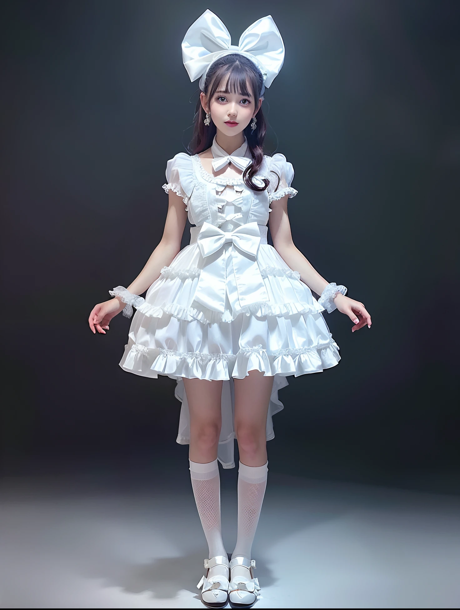 Arafe girl in white satin dress and bow tie, rococo ruffles dress, angelic pretty, frilly outfit, rococo dress, high quality costume, Lolita style, style of magical girl, Lolita Fashion, fantasy outfit, Belle Delphine, fantasy dress, White accent costume, Ice White Dress, maid dress, loli in dress