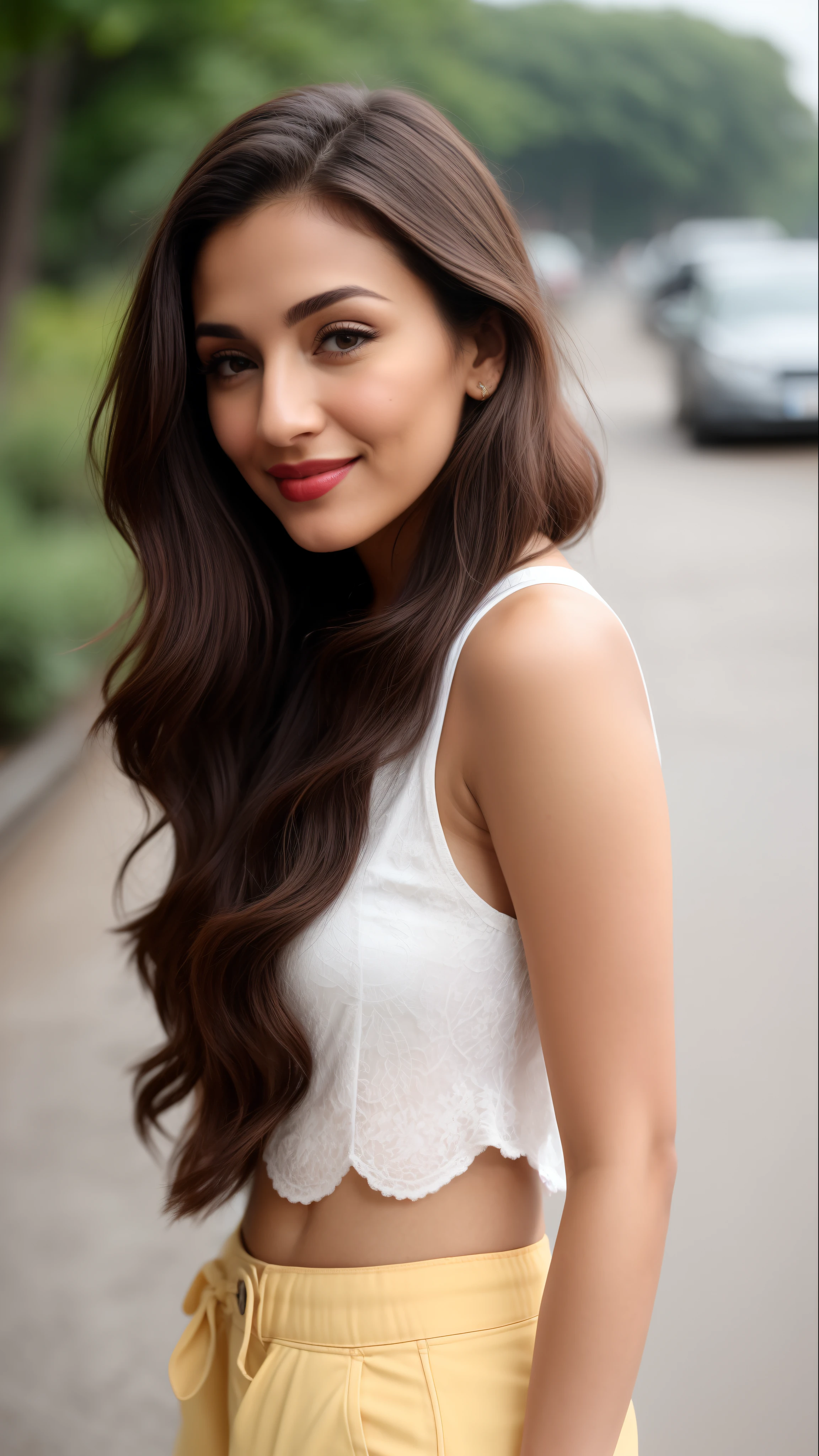 ((RAW, analog style)), face, extremely detailed full body color photo of a 25 y.o girl, beautiful face, beautiful eyes, ((small nose)), big natural lips, ((fabric frock yellow)), small breasts, slim body, outdoor street delhi ((film grain, skin details, high detailed skin texture, 8k hdr, dslr)), indian female model madhuri dixit, dark red lips, dark red lips, black color shorts, healthy body