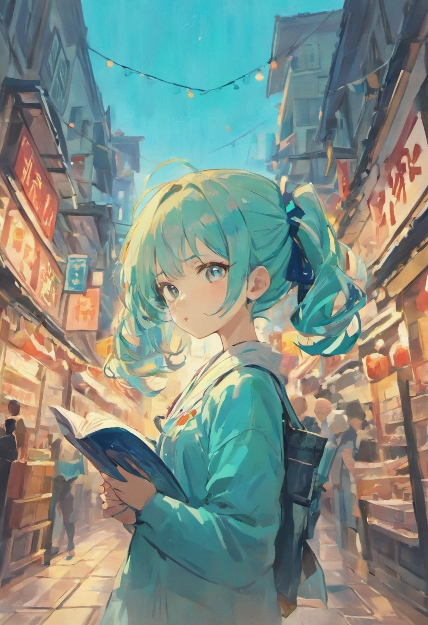 Japan townscape,superclear,Super masterpiece,turquoise hair,cyan eyes,low double ponytail,lynx ears,Holding a book,Short tail,Dynamic Posture,cute face,white backgrounid,swim wears,adolable,is shy