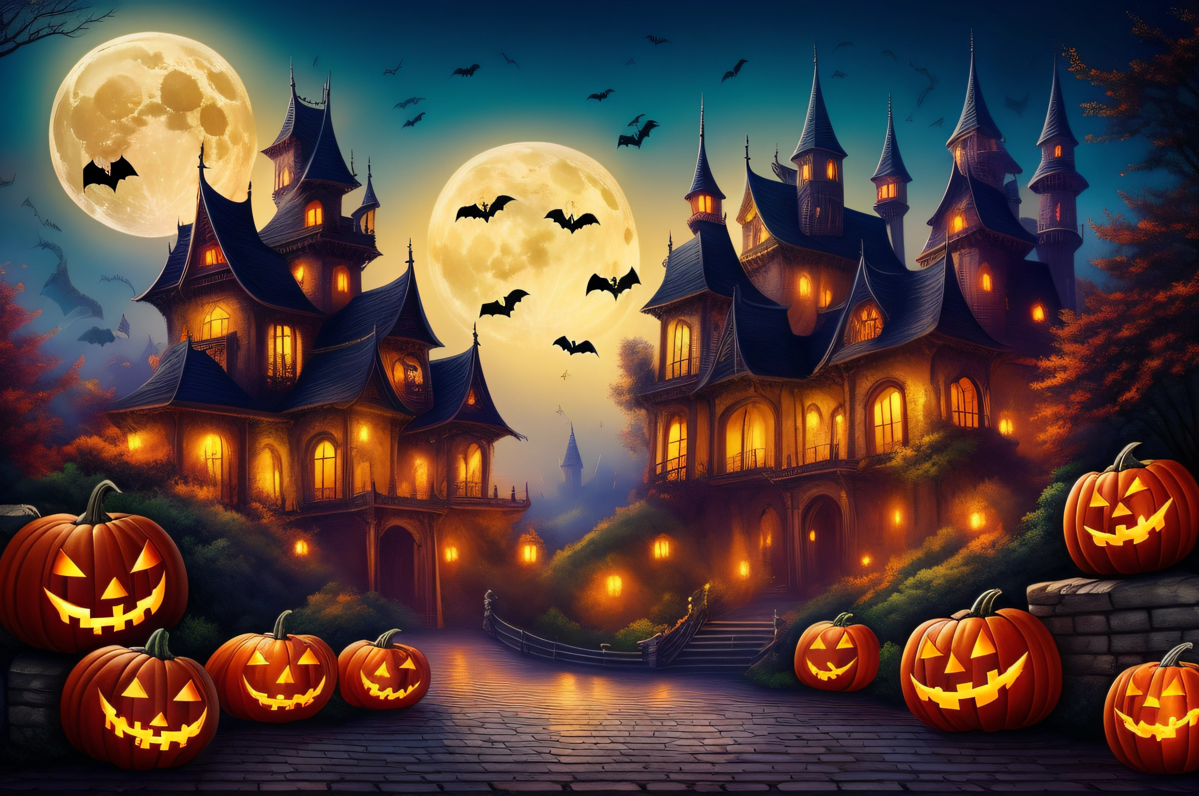 Halloween Poster, pumpkins, the bats, withered huge branches, fullmoon, castle, Western castles、masterpiece、top-quality、top-quality、realisitic、8K、ghosting、Halloween