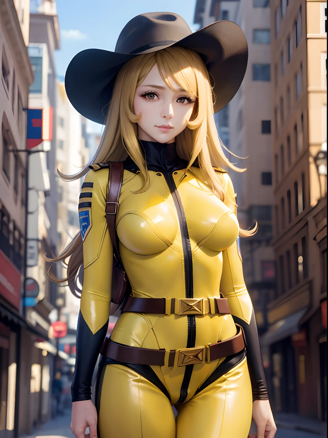 (masterpiece, best quality:1.2), cowboy shot, solo, 1girl, mori yuki, slight smile, closed mouth, looking at viewer, blonde hair, yellow bodysuit, skin tight, belt