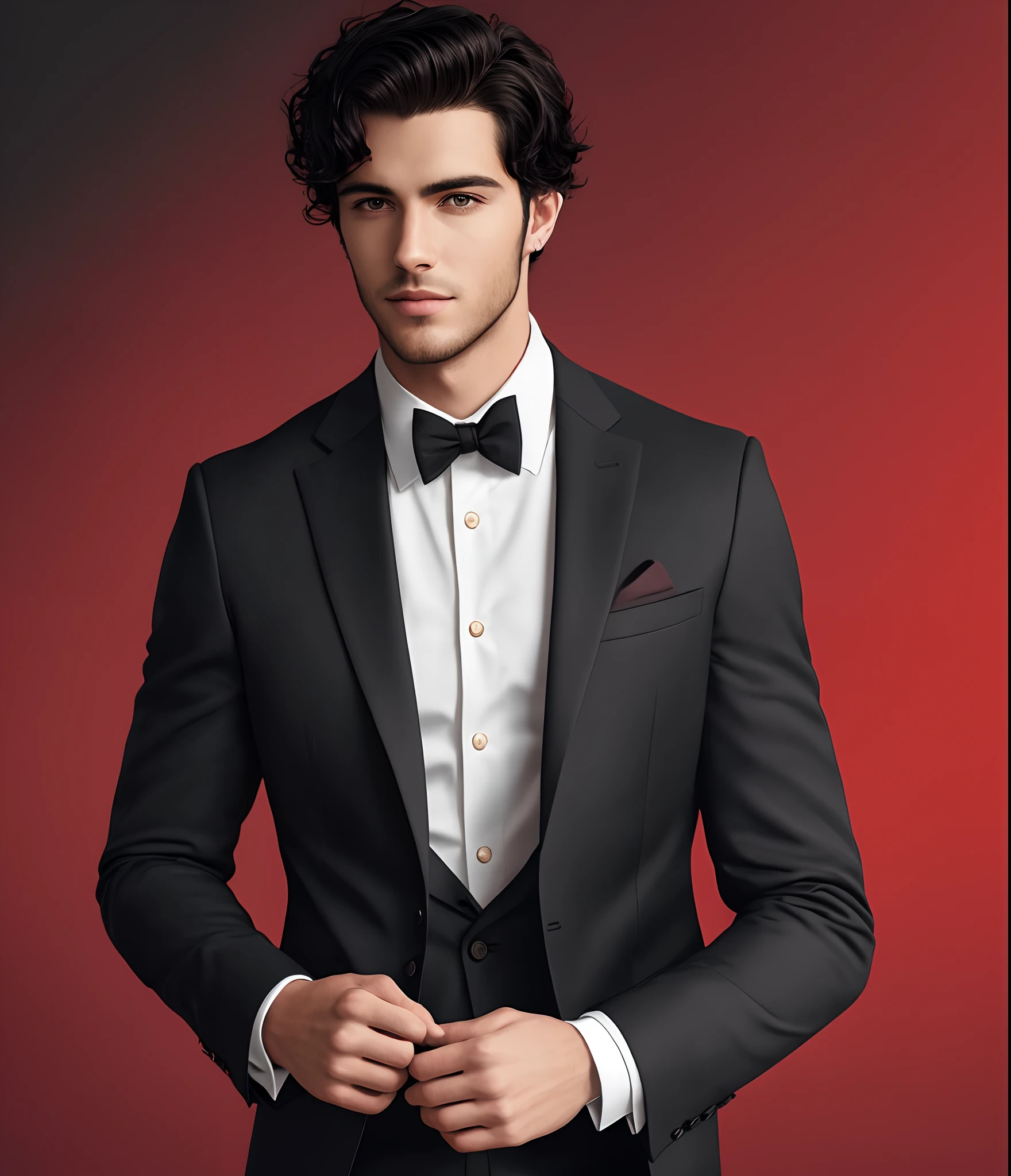 A handsome young man wearing a black suit with a red background, a stubble beard, and black hair, a very realistic scene