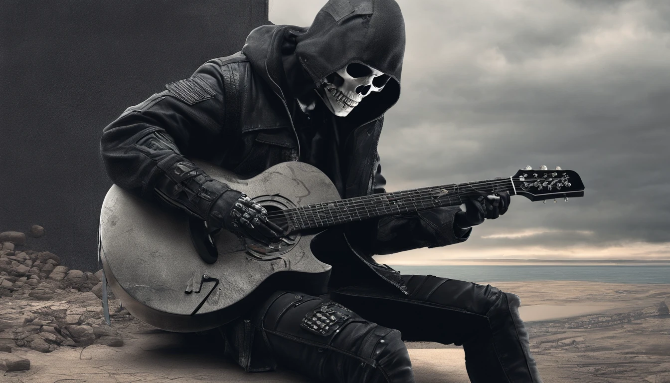 Skull playing geographic data guitar in the style of detailed hyper-realism photoshoot