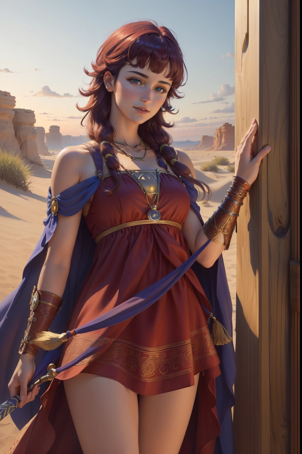 (best quality,4k,highres,masterpiece:1.2),ultra-detailed,realistic,portrait,red dress,red cape,bracers,(brilliantly decorated,ornate:1.1) necklace,(beautifully-crafted,decorative:1.1) FELute,(long flowing,loosely curled:1.1) hair,beautiful detailed eyes,beautiful detailed lips,cowboy shot,looking at viewer,smirk,hand up,brandishing 2 scimitars,standing in the dunes,sunset lighting,vibrant colors