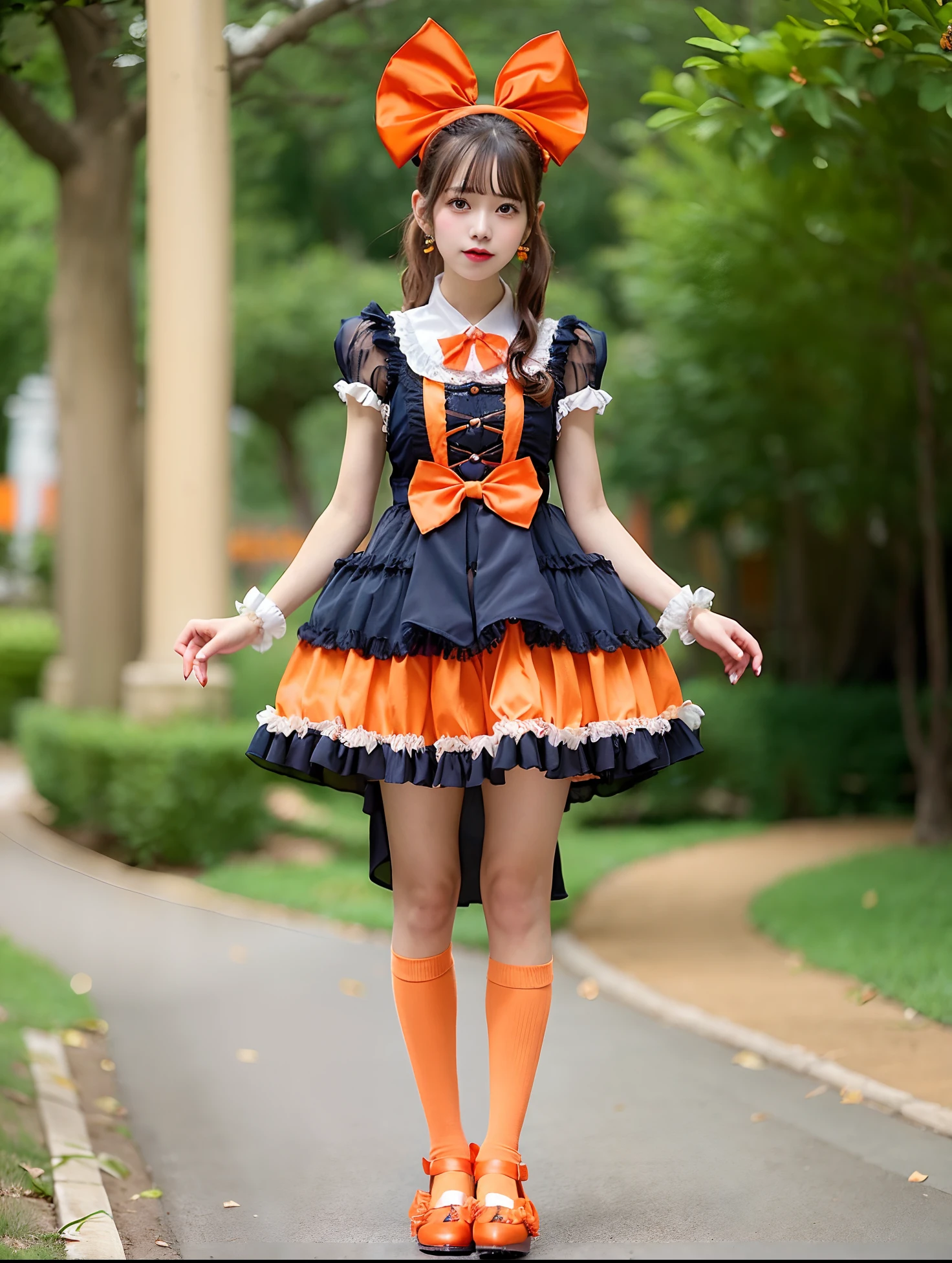 Arafe girl in orange satin dress and bow tie, rococo ruffles dress, angelic pretty, frilly outfit, rococo dress, high quality costume, Lolita style, style of magical girl, Lolita Fashion, fantasy outfit, Belle Delphine, fantasy dress, Orange accent costume, Ice Orange Dress, maid dress, loli in dress