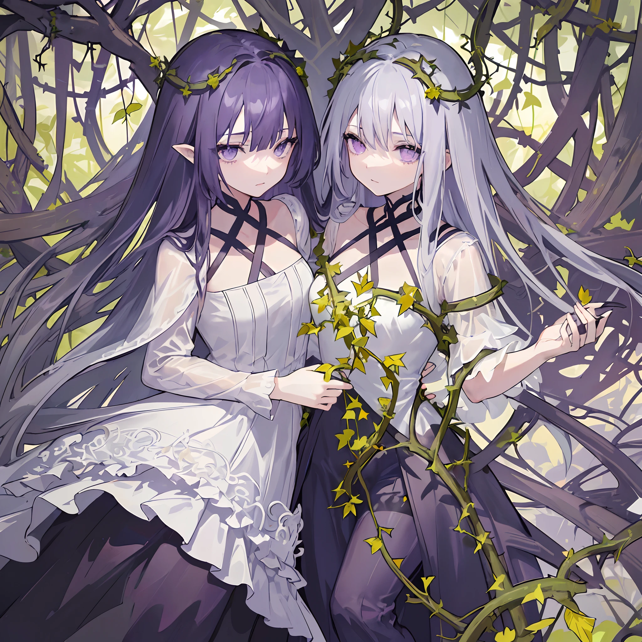 ((masterpiece:1.4, best quality))+, (ultra detailed)+,(ultra detailed eyes)+,
(cute 1girl),15 years old,(violet eyes:1.15),silver hair, very long hair,(wariza:1.2),pale skin,closed mouth,sad,
(She is dressed in a gown made of intertwining vines:1.5),(flat chest:1.2),(vines dress:1.4),(dress made of vines:1.2),(surrounded by vines:1.4),
(despair:1.3),gothic,
(dark yellow vines:1.3),leaves,(vines tree:1.1),
(dawn light:1.2),violet,
(heavy Monochrome:1.16),(depth of field:1.4),