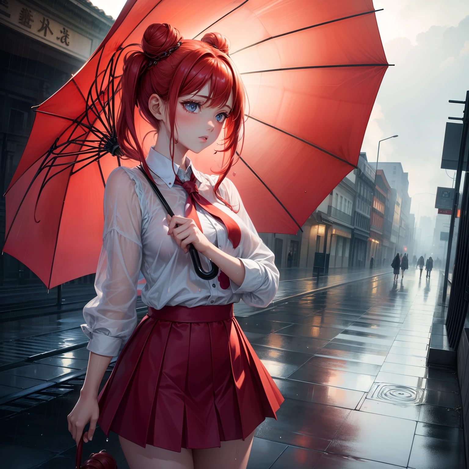 Best quality, illustration, wallpaper, super details, absurdities, 1 girl in, solo, hair in two buns, red hair, beautiful detailed eyes, rain, wearing a slip, short skirt, water dripping, wetting hair, looking to the side, (Street: 1.5), cloudy sky, bright scene, umbrella