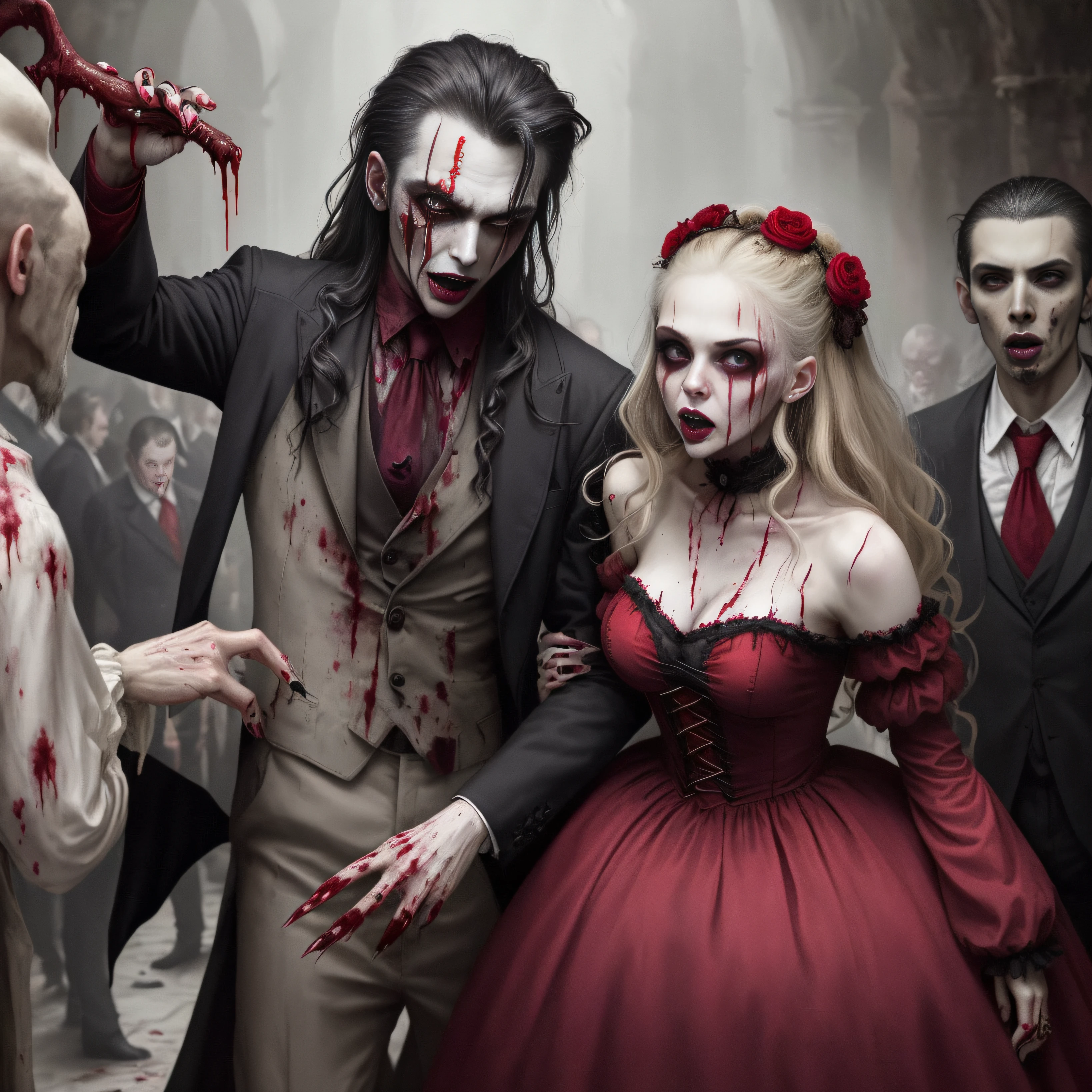 there is a man and woman dressed up as zombies, a picture by Elena Guro, reddit, lowbrow, vampire, vampires, vamp, on set, male vampire of clan banu haqim, male vampire, bloody scene, as a vampire, dracula fangs! haunted house, bloody face, brutal bloody and sluty make up, blood