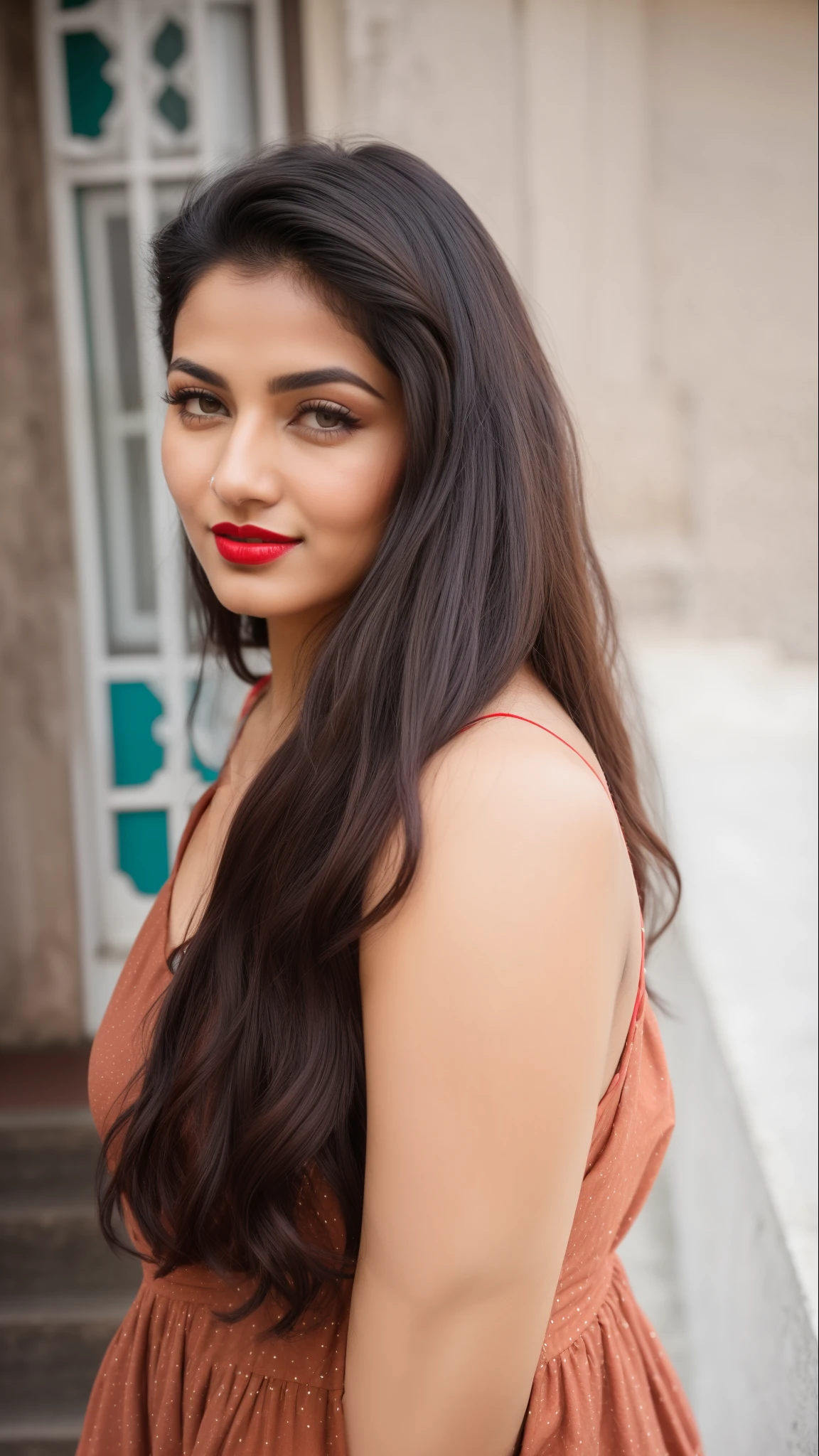 ((RAW, analog style)), face, extremely detailed full body color photo of a 25 y.o girl, beautiful face, beautiful eyes, ((small nose)), big natural lips, ((fabric frock yellow)), small breasts, hourglass shape body, outdoor street delhi ((film grain, skin details, high detailed skin texture, 8k hdr, dslr)), indian female model madhuri dixit, dark red lips, dark red lips, black color shorts, healthy body