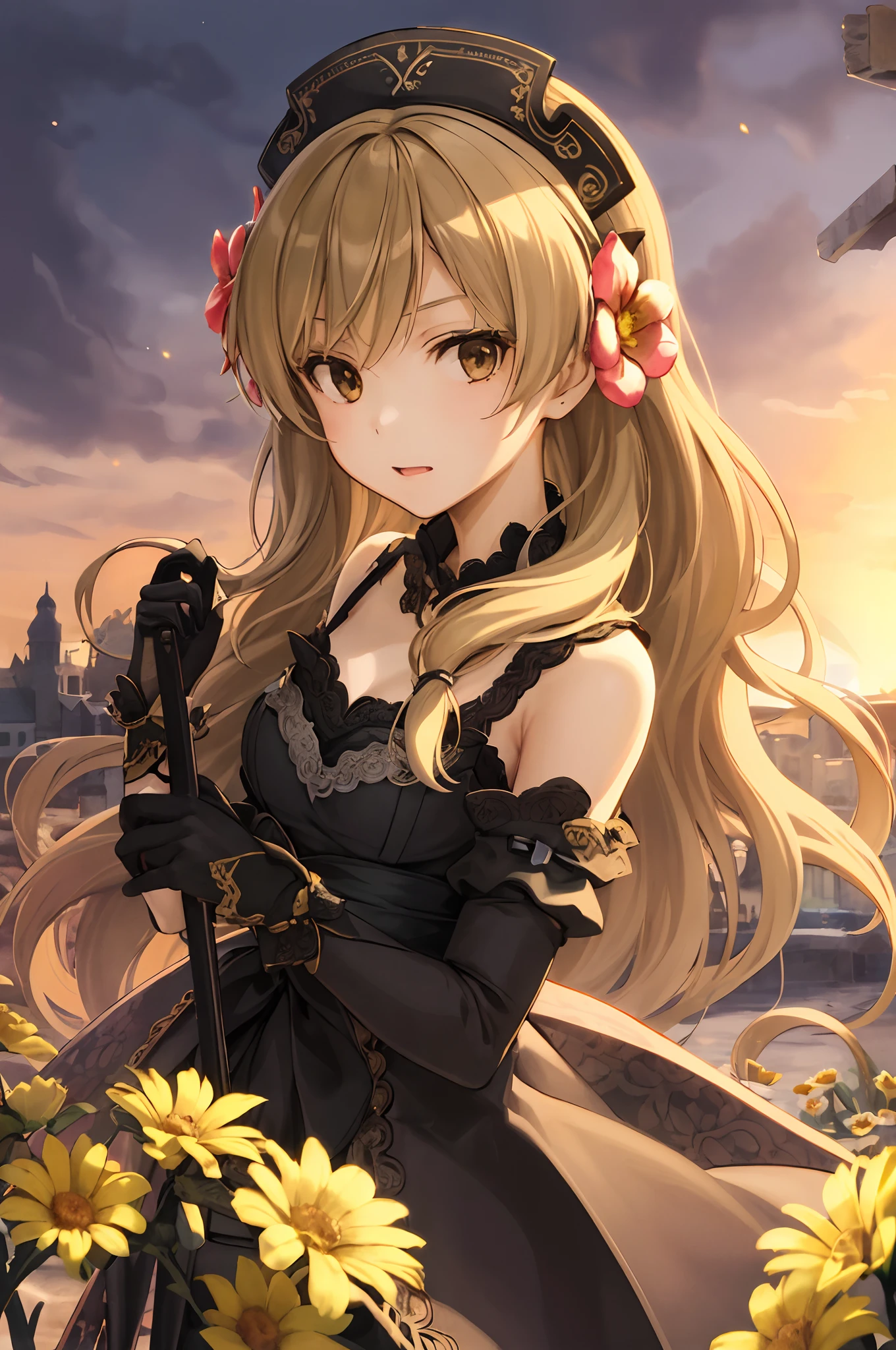 1girl, solo, masterpiece, high quality, upper body, charayesha, looking at viewer, hair flower, flower, arms behind back,  outdoors, evil, darkened face, bayonetta style, holding guns, church, blood spills, black coat