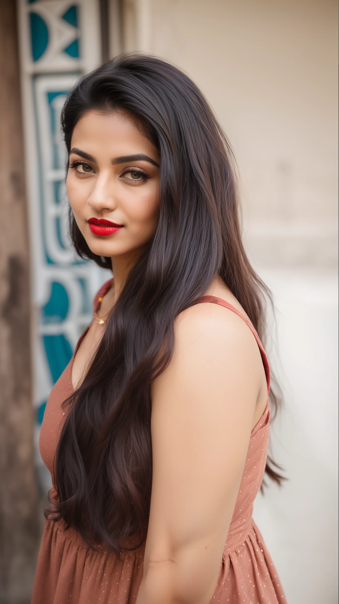((RAW, analog style)), face, extremely detailed full body color photo of a 25 y.o girl, beautiful face, beautiful eyes, ((small nose)), big natural lips, ((fabric frock yellow)), small breasts, hourglass shape body, outdoor street delhi ((film grain, skin details, high detailed skin texture, 8k hdr, dslr)), indian female model madhuri dixit, dark red lips, dark red lips, black color shorts, healthy body