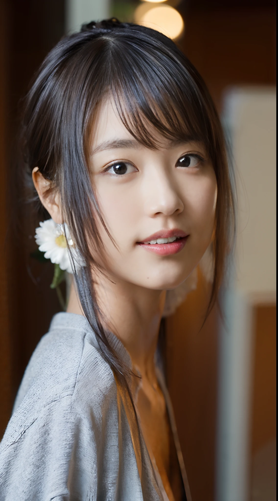 (8K、Raw photography、top-quality、masterpiece:1.2)、(realisitic、Photorealsitic:1.37)、ultra-detailliert、超A high resolution、1人、see the beholder、beautifull detailed face、A smile、Constriction、(Slim waist) :1.3)、The shirt、Beautiful detailed skin、Skin Texture、floated hair、profetional lighting、Sheer shirt、Lush bust、Open chest shirt、Frontal shot