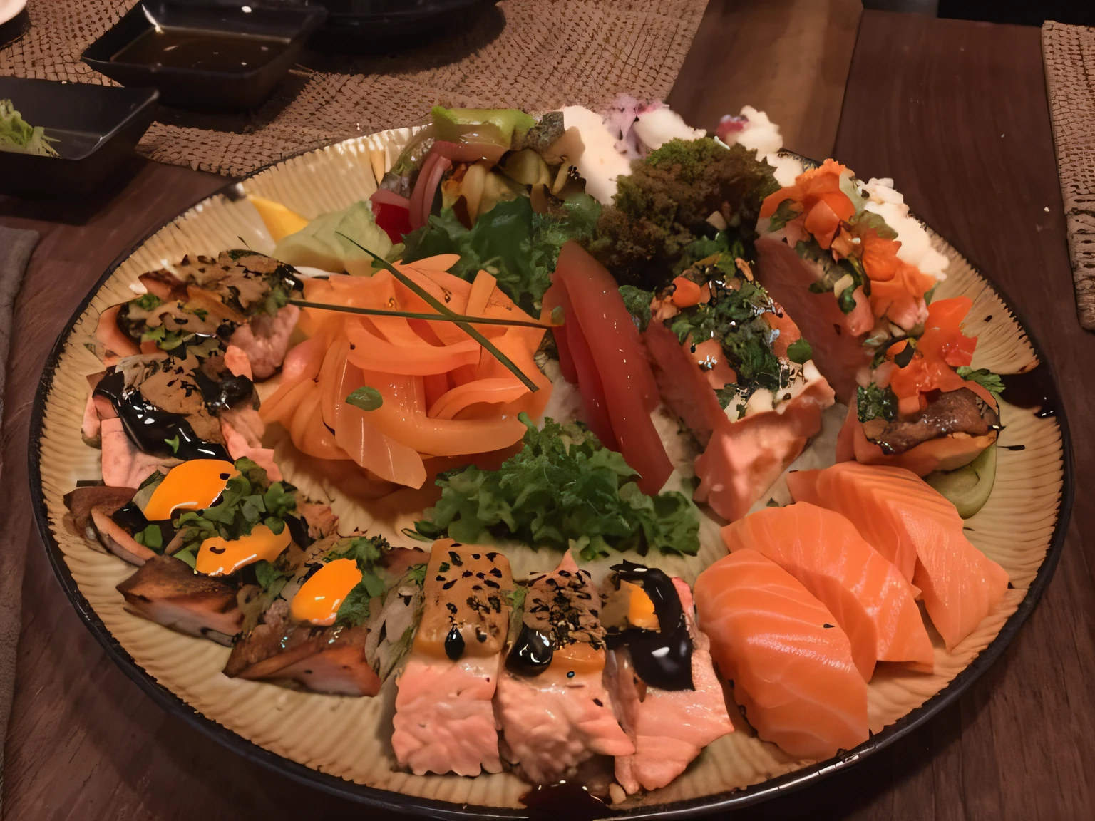 A closeup of a plate of food with salmon, Atum, e outros vegetais, Japanese fusion cuisine, Directed by: Tom Wänerstrand, Ukiyo, sushi, Directed by: Shiba Kōkan, ❤🔥🍄🌪, Koji Morimoto Shinjuku, Directed by: Adam Manyoki, Fotografia tirada em 2 0 2 0, Directed by: Nishida Shun'ei