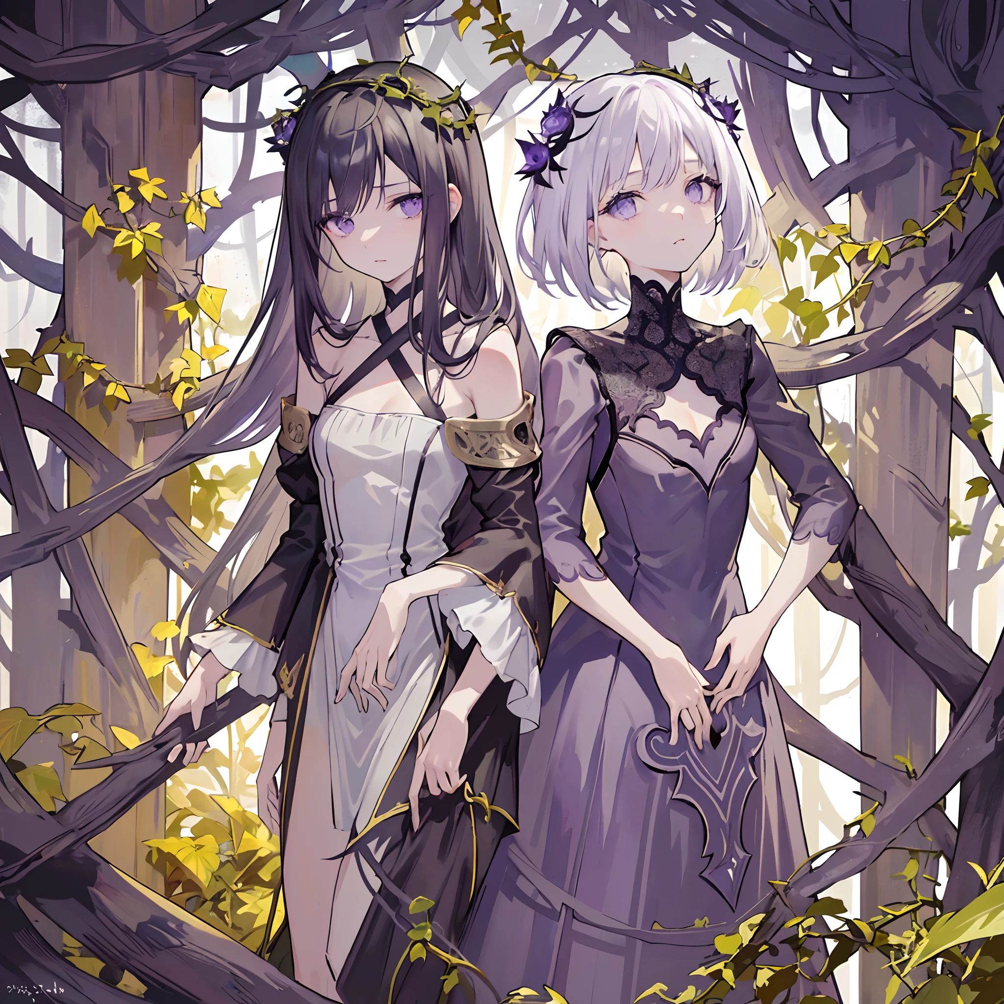 ((masterpiece:1.4, best quality))+, (ultra detailed)+,(ultra detailed eyes)+,
(cute 1girl),,(violet eyes:1.15),silver hair, very long hair,(wariza:1.2),pale skin,closed mouth,sad,
(She is dressed in a gown made of intertwining vines:1.5),(flat chest:1.2),(vines dress:1.4),(dress made of vines:1.2),(surrounded by vines:1.4),
(despair:1.3),gothic,
(dark yellow vines:1.3),leaves,(vines tree:1.1),
(dawn light:1.2),violet,
(heavy Monochrome:1.16),(depth of field:1.4),