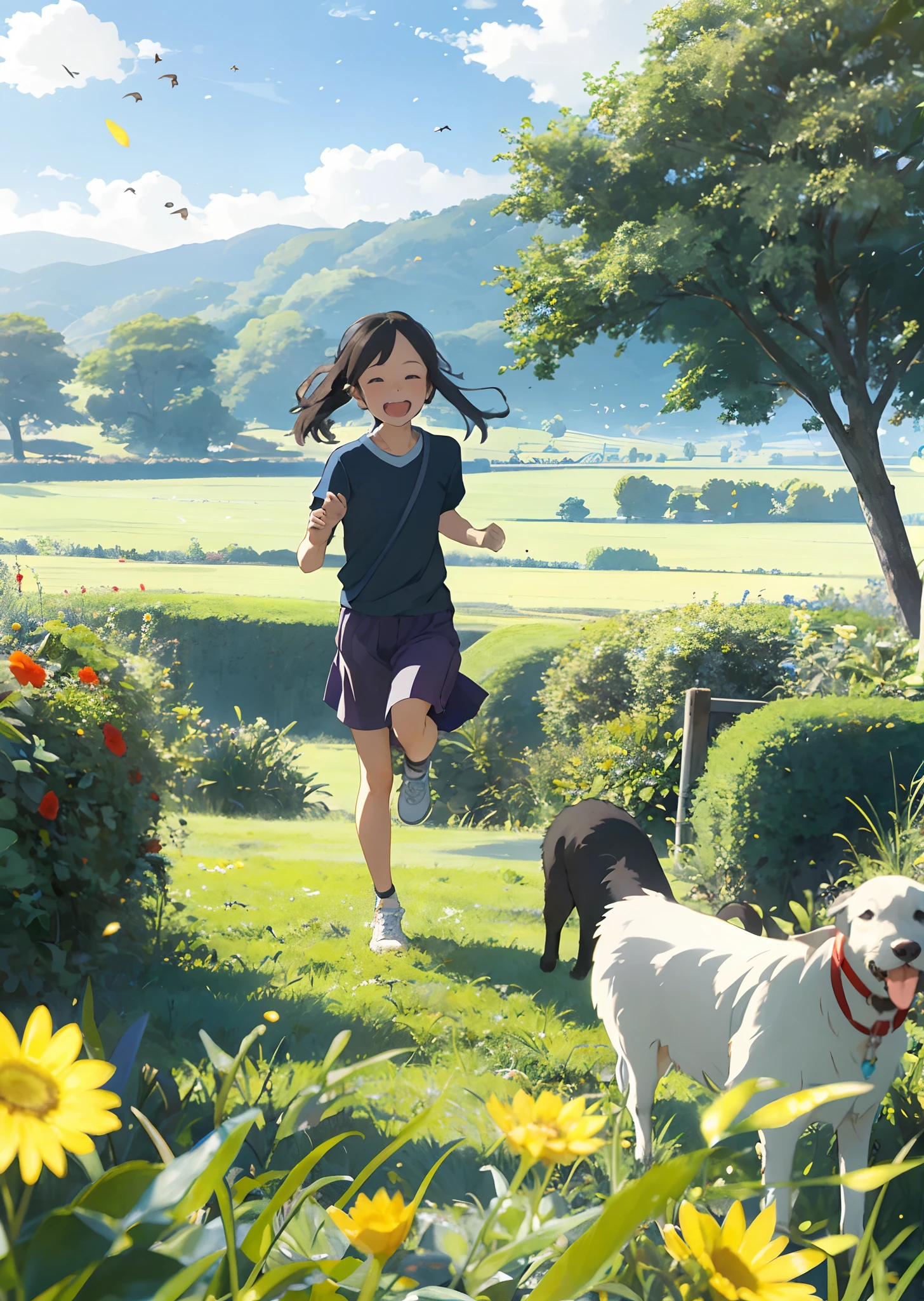 On a clear summer afternoon,The grass in the fields is soft and green,The breeze blows and sways gently。Little girl wearing a pink dress,Stepping on a pair of white sneakers,Holding a furry golden retriever in his hand。
Her hair was as smooth as black silk,It fluttered gently near her shoulders as the wind blew。Her eyes were bright and clear,Reveals innocence and curiosity。
The little girl smiled,While frolicking with the dog,While running to the edge of the field,Grab a handful of buttery warm sunlight,Hold your hands in front of your chest,Enjoy the warmth of summer。
The surrounding flowers and plants exude a faint fragrance,Poplars in the distance caressed the breeze,Make a rustling sound。Several white clouds float leisurely in the sky like marshmallows,Reflect the blue sky。
The little girl and the dog walk through the fields together,Occasionally the little girl would stop,Take a closer look at a bee collecting honey among the flowers,Or bend over,Reach your hand to the ground,Pick up a blooming wildflower,Smell the flowers,Then put it to your ear and whisper。
The whole field is filled with joy and energy。Birds sing on tree branches,Colorful butterflies dance in a sea of flowers,In the distance, the busy voice of farmers and the cries of cattle and sheep were heard。
The little girl's face was filled with happiness and a happy smile,Her tacit understanding and happiness with the dog are beyond words。This picture seems to paint a picture of innocence and happiness、A picture of living in harmony with nature。