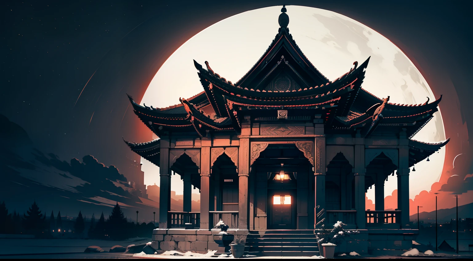 (temple: 1.2), the panorama, High contrast, Black and white or warm colors, Night view or dusk, Ornately carved details, Antique atmosphere.