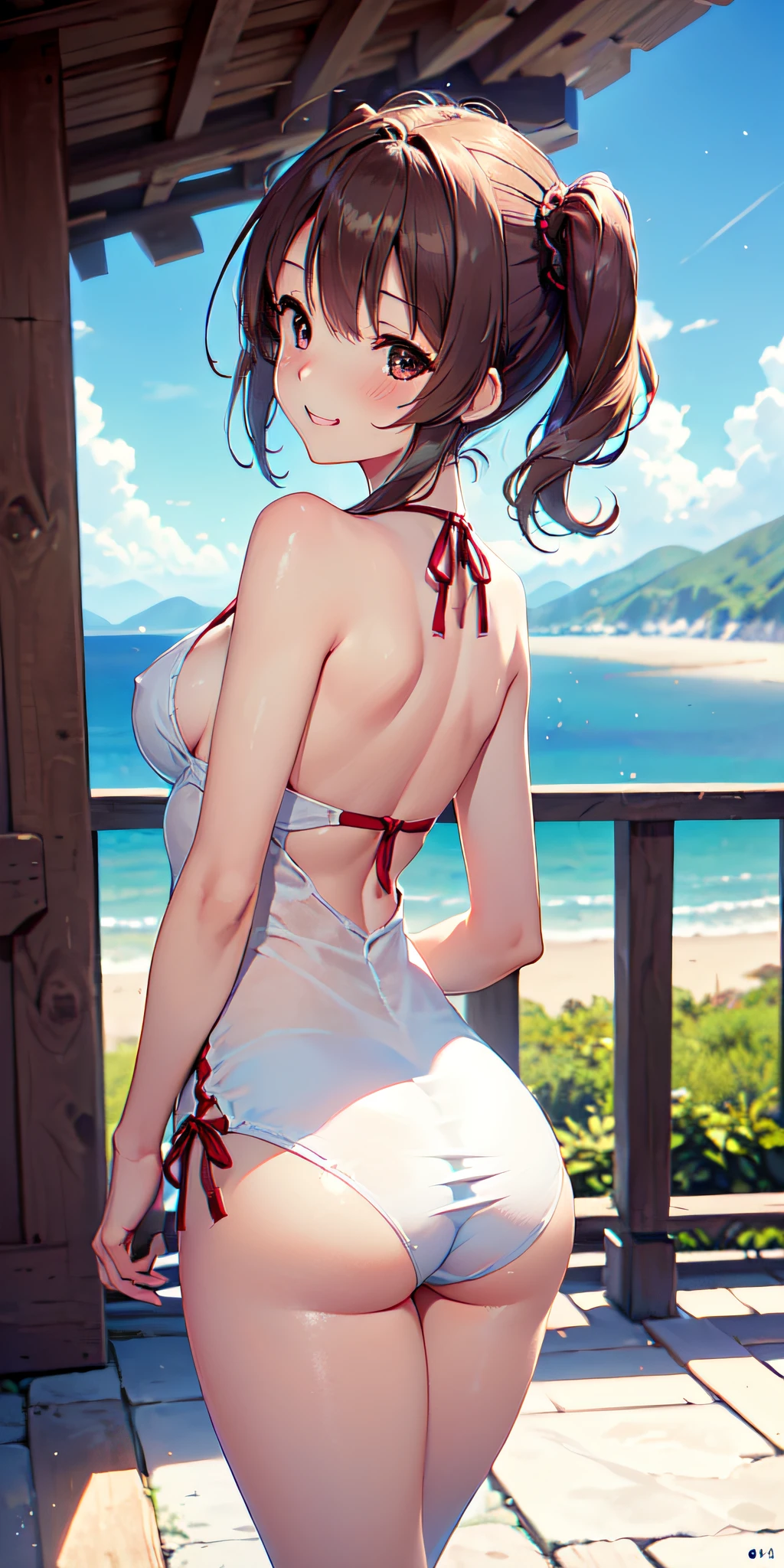 ((La mejor calidad , Obra maestra, (only 1 girl), cabello rubio, ojos rojos, face symmetrical, Un vestido extremadamente corto con mangas largas, Levanta el vestido, bragas, Mirando hacia abajo, Enfoque de piernas, sonrisa malvada, Sacar la lengua, Serenity of the little lady, pechos grandes, vapor, Rear side solar lighting, Canon EOS 50mm camera))