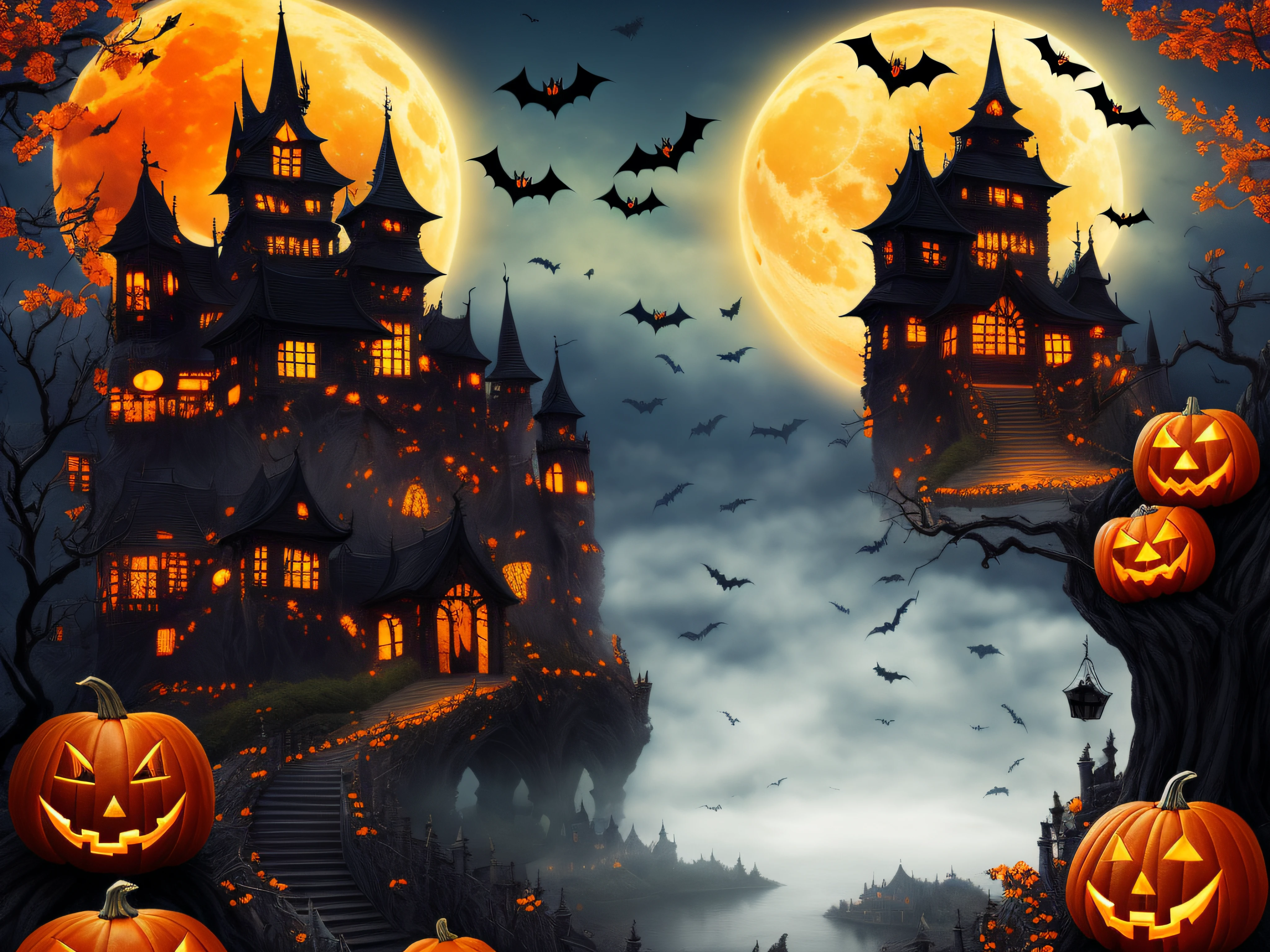 Halloween Poster, pumpkins, the witch, the bats, withered huge branches, fullmoon, castle, Western castles、​masterpiece、top-quality、top-quality、realisitic、8K、ghosting、Halloween