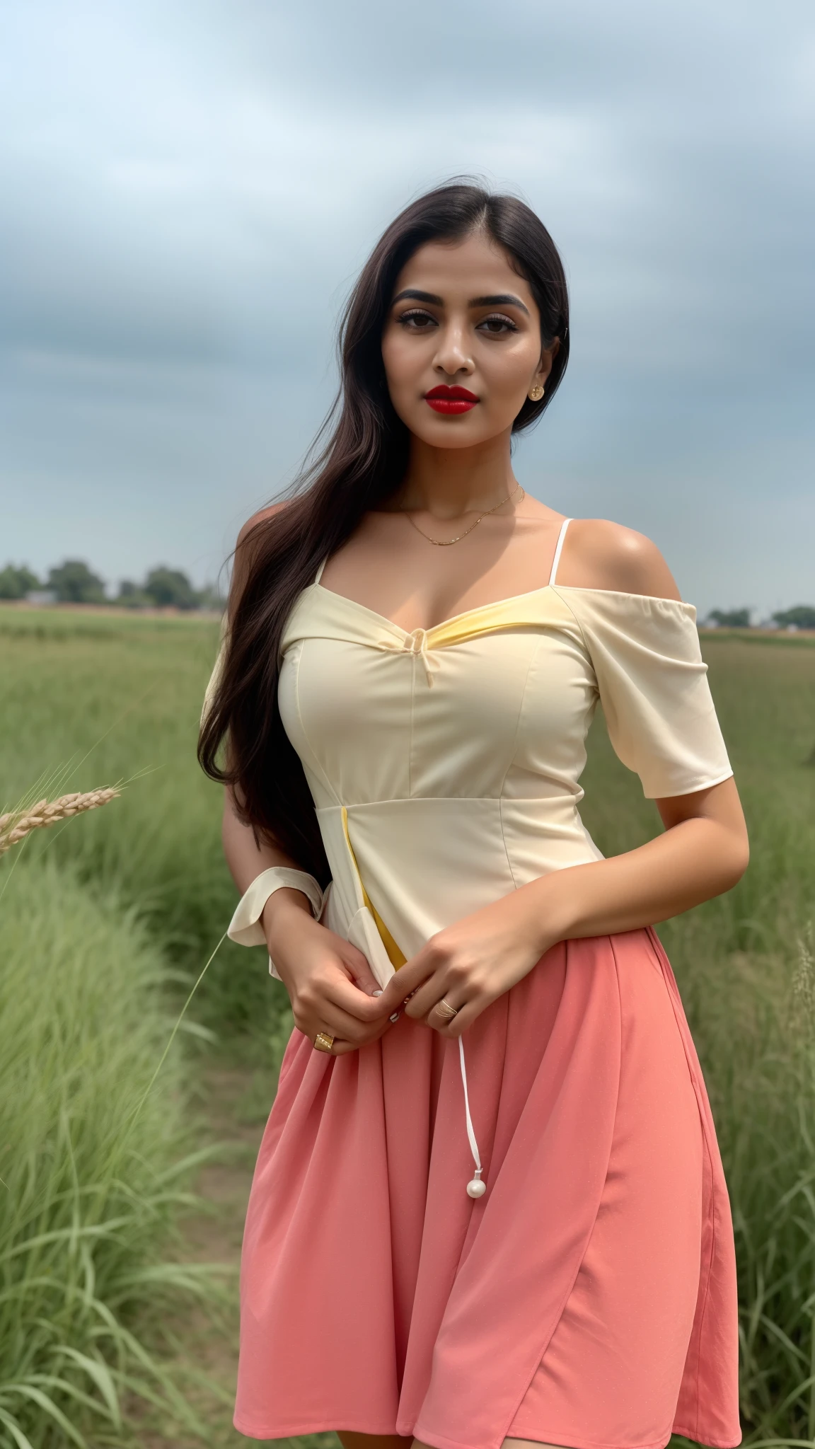 ((RAW, analog style)), face, extremely detailed full body color photo of a 25 y.o girl, beautiful face, beautiful eyes, ((small nose)), big natural lips, ((fabric frock yellow)), small breasts, hourglass shape body, outdoor street delhi ((film grain, skin details, high detailed skin texture, 8k hdr, dslr)), indian female model madhuri dixit, dark red lips, dark red lips, black color shorts, healthy body