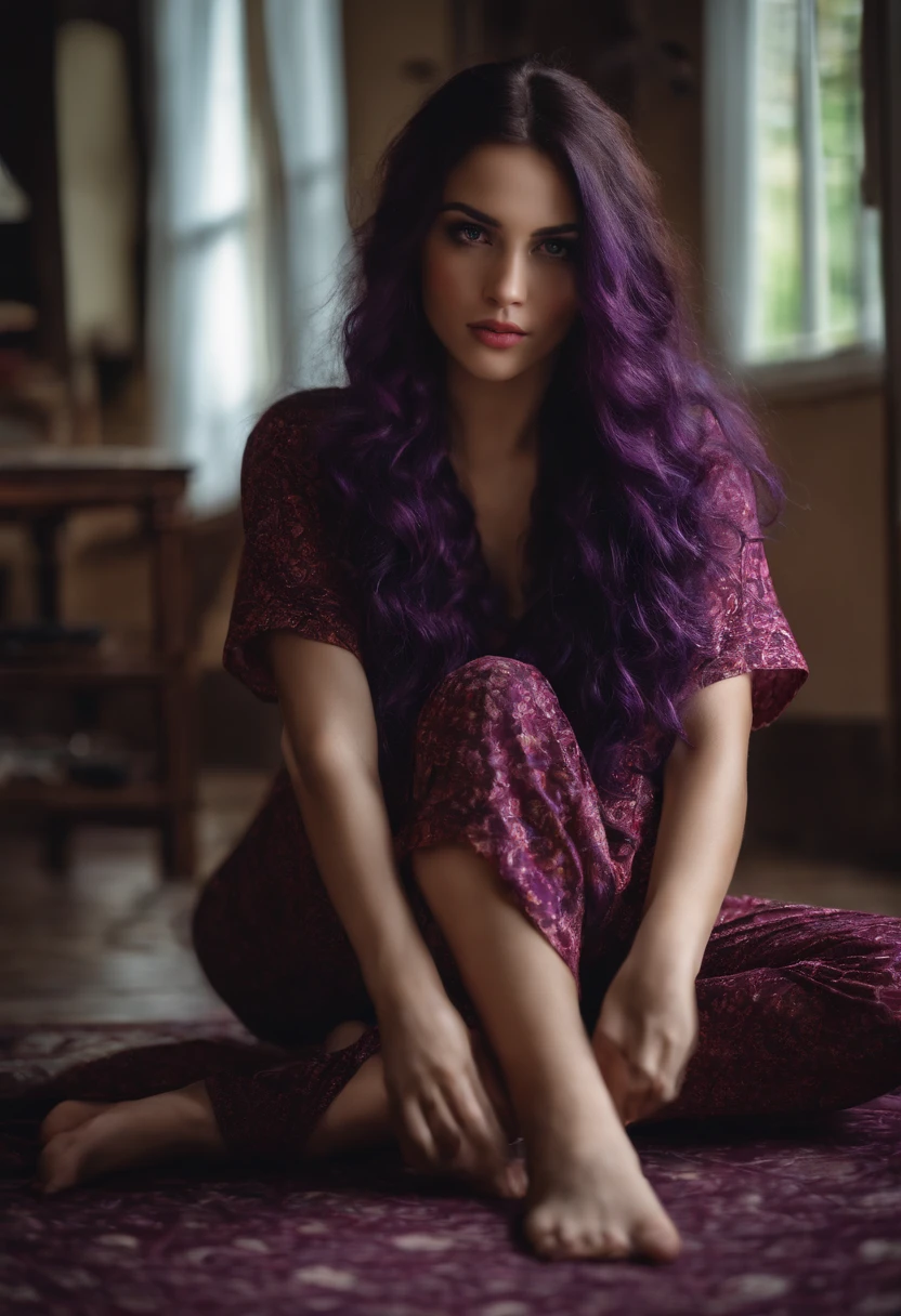lonely girl, long braided hair, curly hair, purple hair, beautiful bright red eyes, pajamas, sitting on the floor, at home, provocative face,