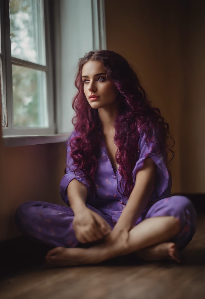 lonely girl, long braided hair, curly hair, purple hair, beautiful bright red eyes, pajamas, sitting on the floor, at home, provocative face,