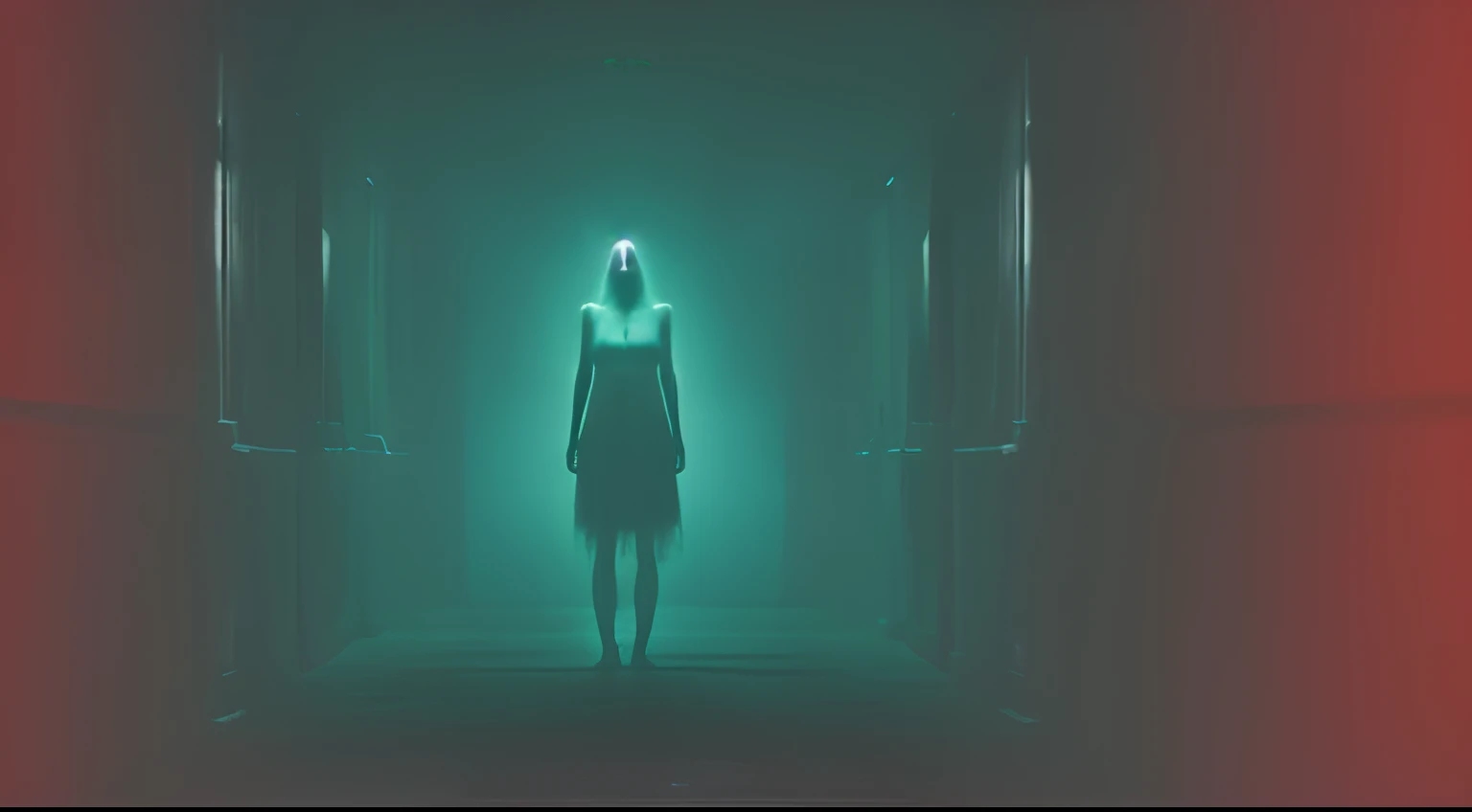 creepyghost-mythical monster inside a liminal space of nightmares in a dark warehouse, red dynamic lighting, photorealistic, trending on art station, stunning visuals, foggy, creative, cinematic, ultra detailed, atmospherical, red lighting, scary art, bad quality, heavy film grain, desaturated, orange teal hue