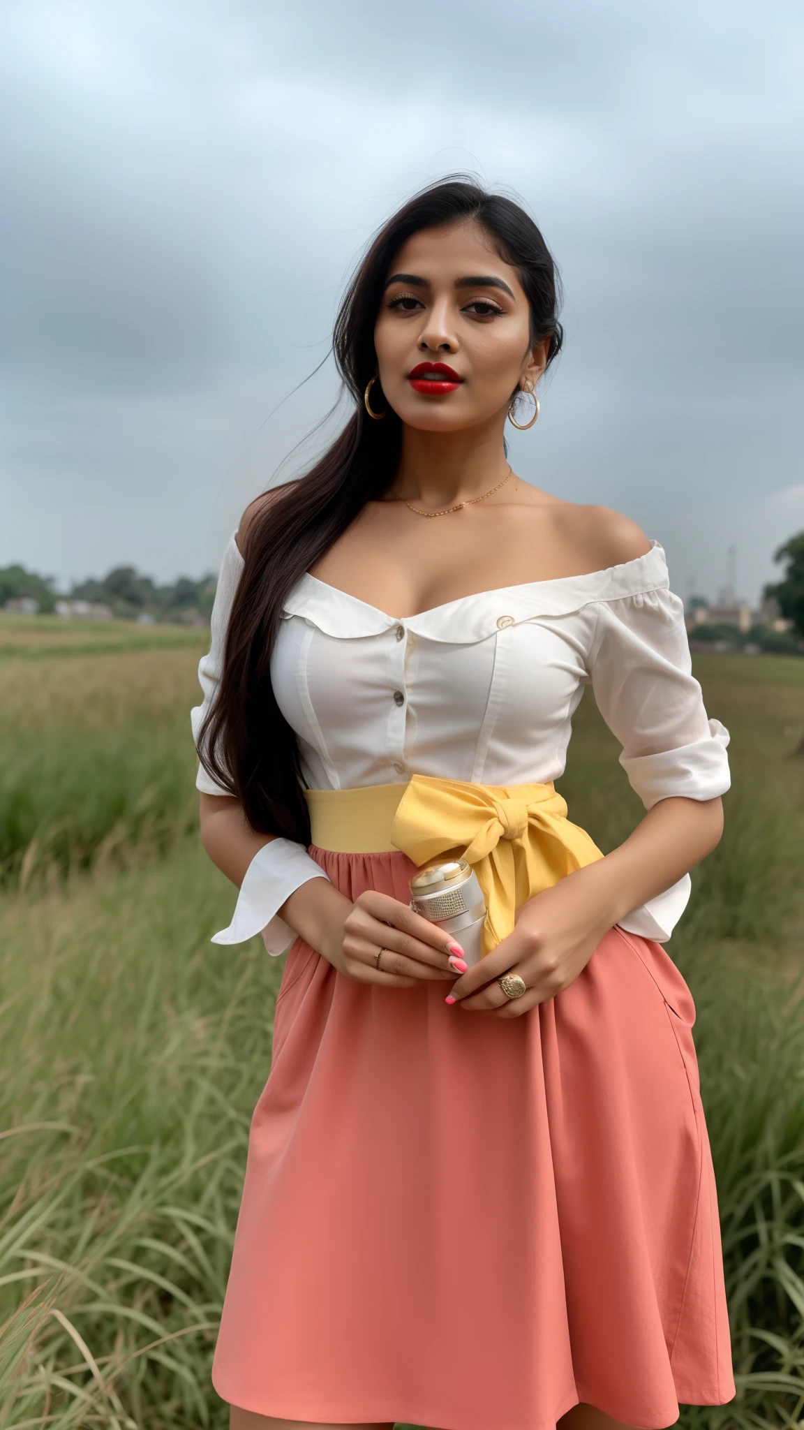 ((RAW, analog style)), face, extremely detailed full body color photo of a 25 y.o girl, beautiful face, beautiful eyes, ((small nose)), big natural lips, ((fabric frock yellow)), small breasts, hourglass shape body, outdoor street delhi ((film grain, skin details, high detailed skin texture, 8k hdr, dslr)), indian female model madhuri dixit, dark red lips, dark red lips, black color shorts, healthy body