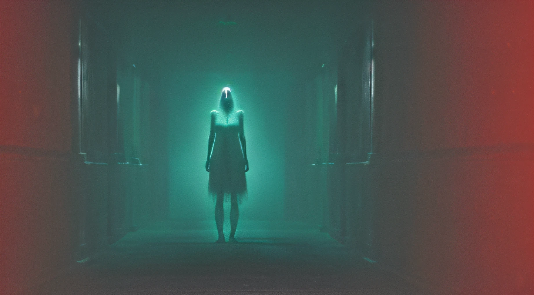 creepyghost-mythical monster inside a liminal space of nightmares in a dark warehouse, red dynamic lighting, photorealistic, trending on art station, stunning visuals, foggy, creative, cinematic, ultra detailed, atmospherical, red lighting, scary art, bad quality, heavy film grain, desaturated, orange teal hue