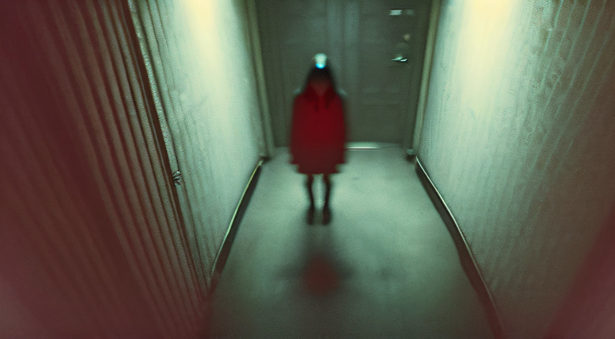 There was a woman standing in a dark school hallway，Horror face facing the camera, red lights，atmospheric red lighting, red and cinematic lighting, cinematic Red lighting, [ horror game ], author：Shitao, Scary cinematic lighting, Atmospheric red effect, atmospheric artwork, Sinister demonic aura, Lovecraft horror, detailed 4k horror artwork, Dark odor :: sport