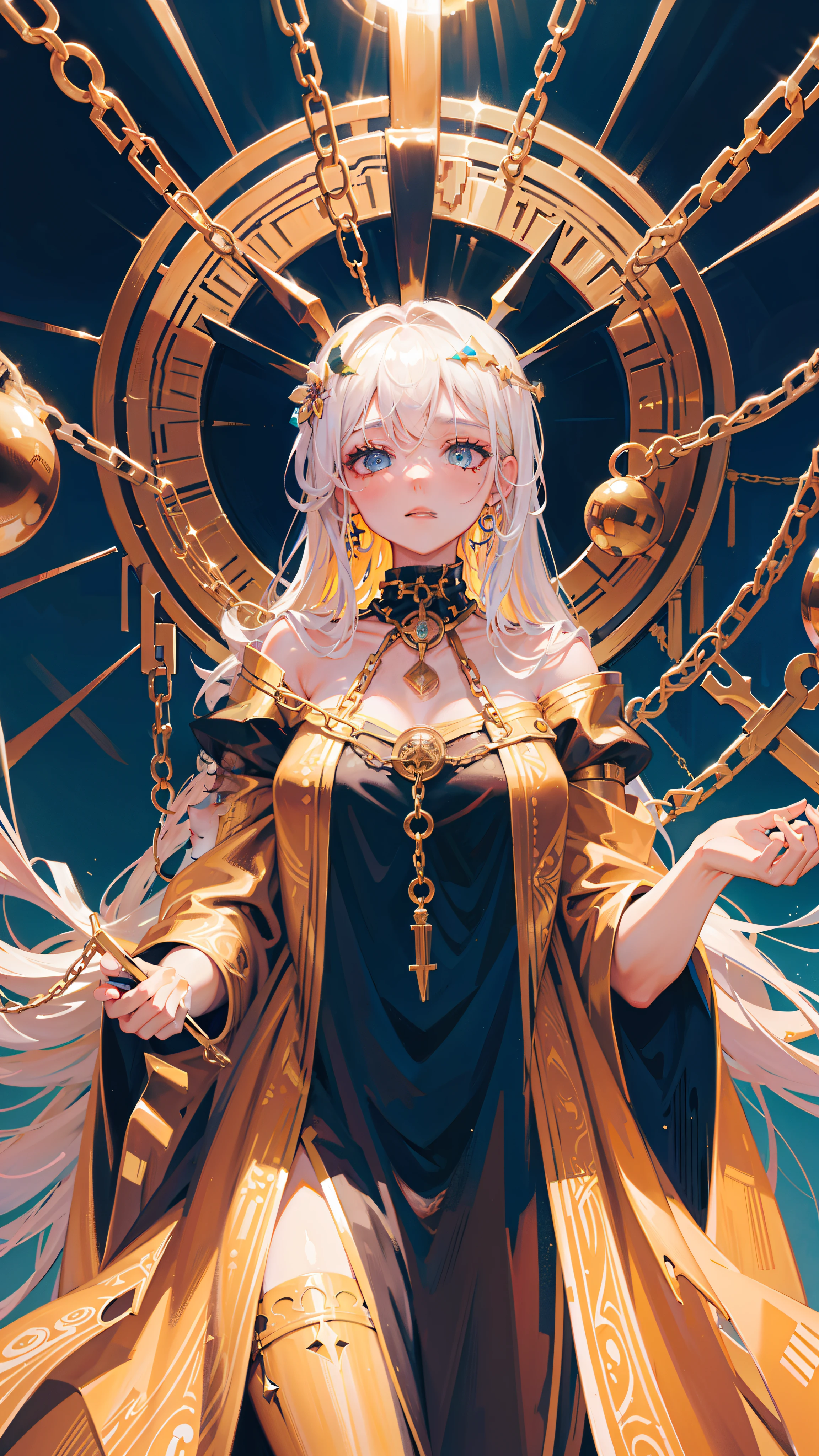 High quality. High details. 8K. Hanged woman reversed. Chains around neck. Falling down. Drown. Melting makeup. Crackled skin. Klimt. Esoteric.