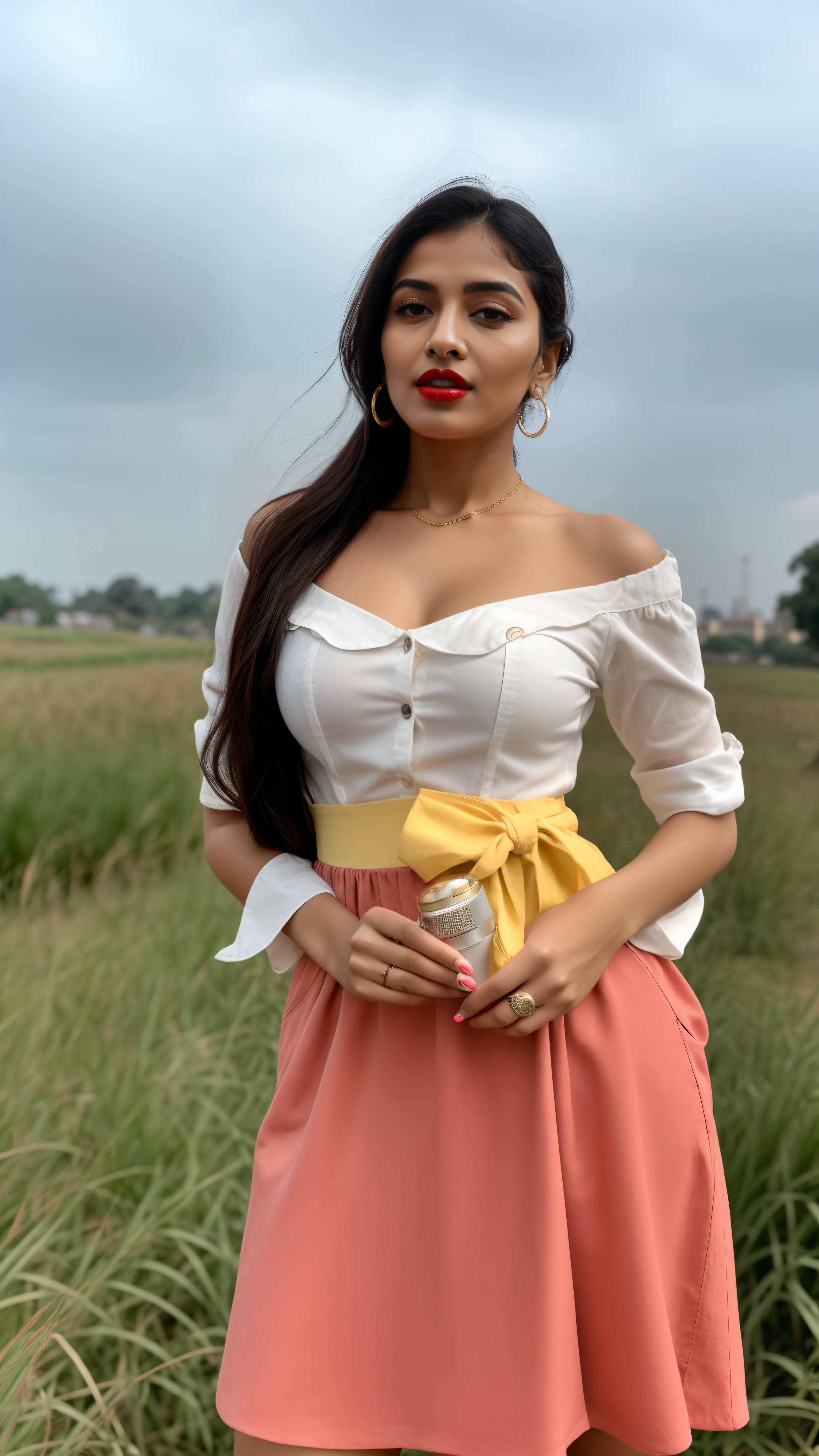 ((RAW, analog style)), face, extremely detailed full body color photo of a 25 y.o girl, beautiful face, beautiful eyes, ((small nose)), big natural lips, ((fabric frock yellow)), small breasts, hourglass shape body, outdoor street delhi ((film grain, skin details, high detailed skin texture, 8k hdr, dslr)), indian female model madhuri dixit, dark red lips, dark red lips, black color shorts, healthy body