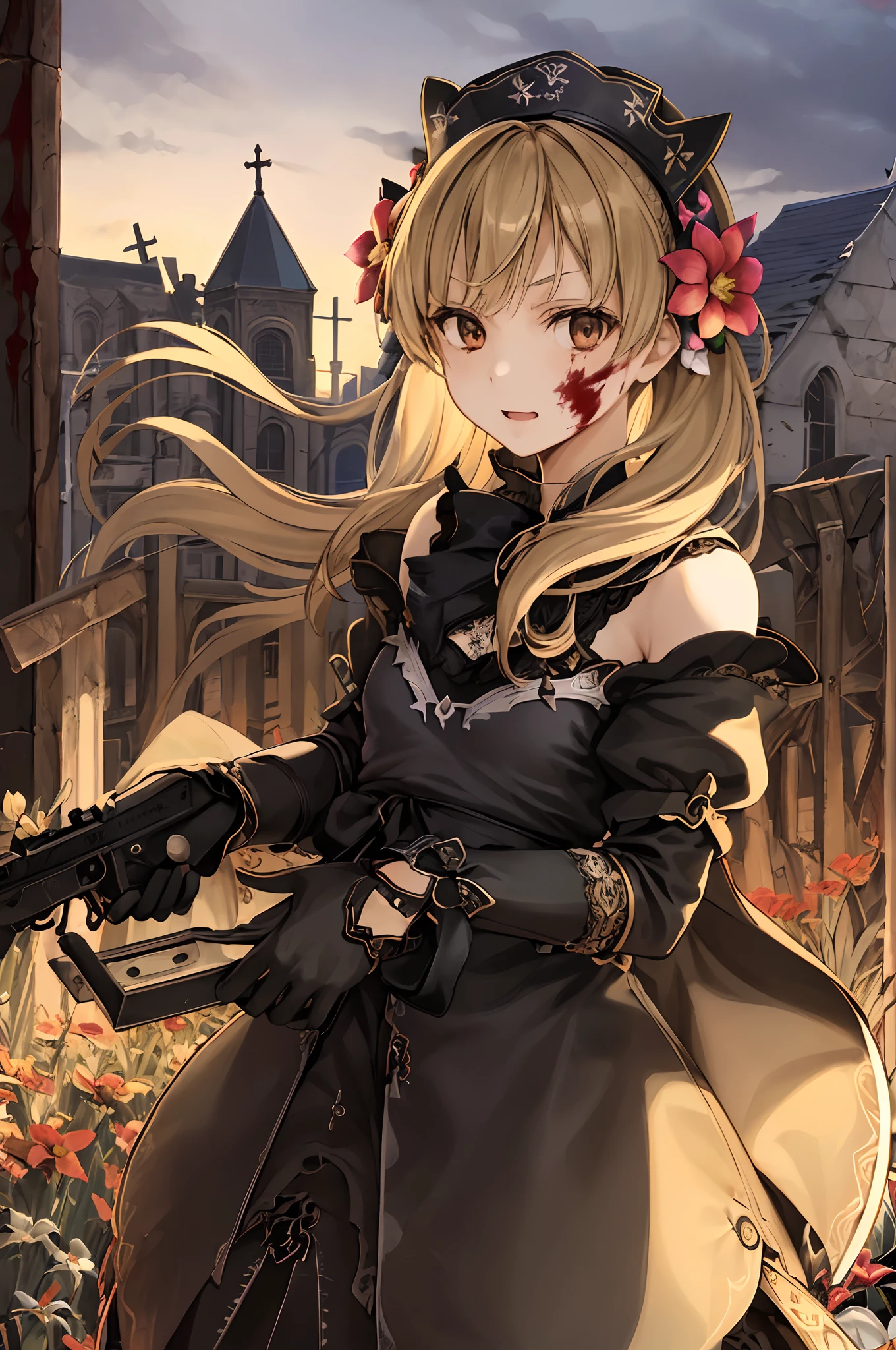 1girl, solo, masterpiece, high quality, upper body, charayesha, looking at viewer, hair flower, flower, arms behind back, outdoors, evil, darkened face, bayonetta style, holding guns, church, blood spills, black coat, church walls, colorful vitrage, evil girl, desugao, blood splatter, gray tones