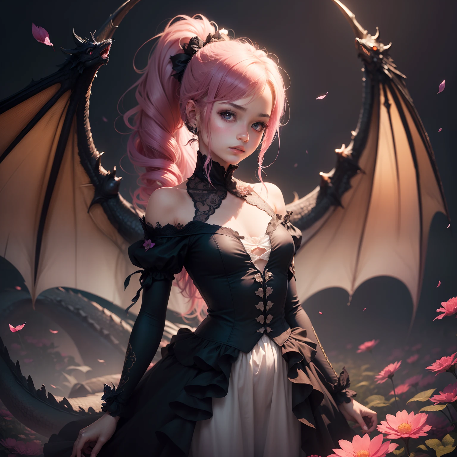 ((Masterpiece, Best Quality)), (Negative Space: 1.2), (1 Girl, Solo: 1.4), Petals, Pink Eyes, Dragon Girl, Long, Purple Hair, High Ponytail, Liquid Hair, Flowers, Dragon Background